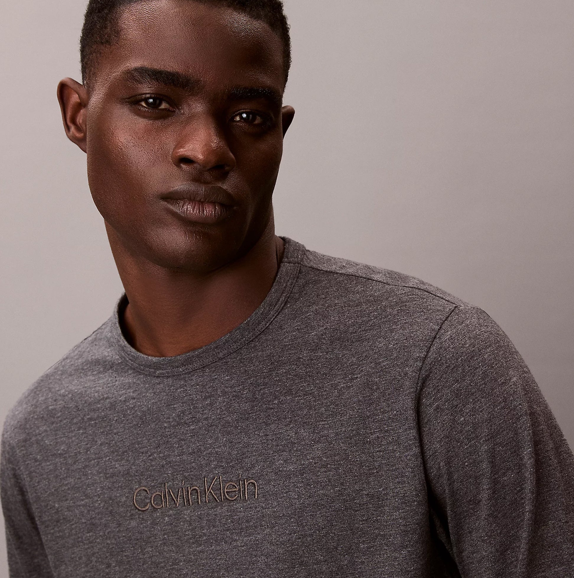 Calvin Klein LS TEE PANT SET Mens Multicoloured front view showing model wearing grey long sleeve tee with logo.