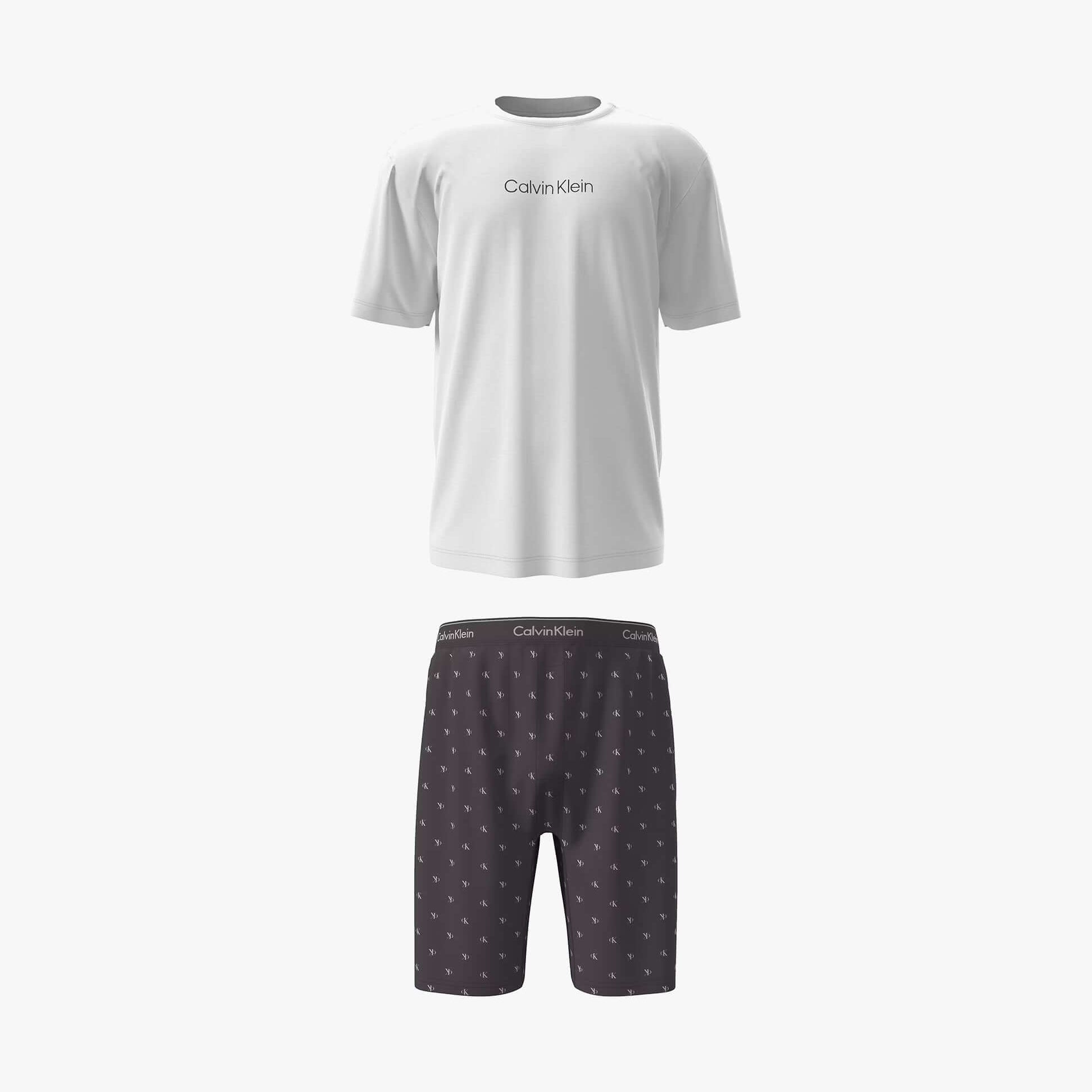 Calvin Klein SS TEE AND SHORT SET Mens Multicoloured front view featuring grey tee and patterned shorts.