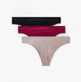 Calvin Klein Bonded Flex Seamless 3 Pack Thong Multi side view showing black, burgundy, and nude thongs.