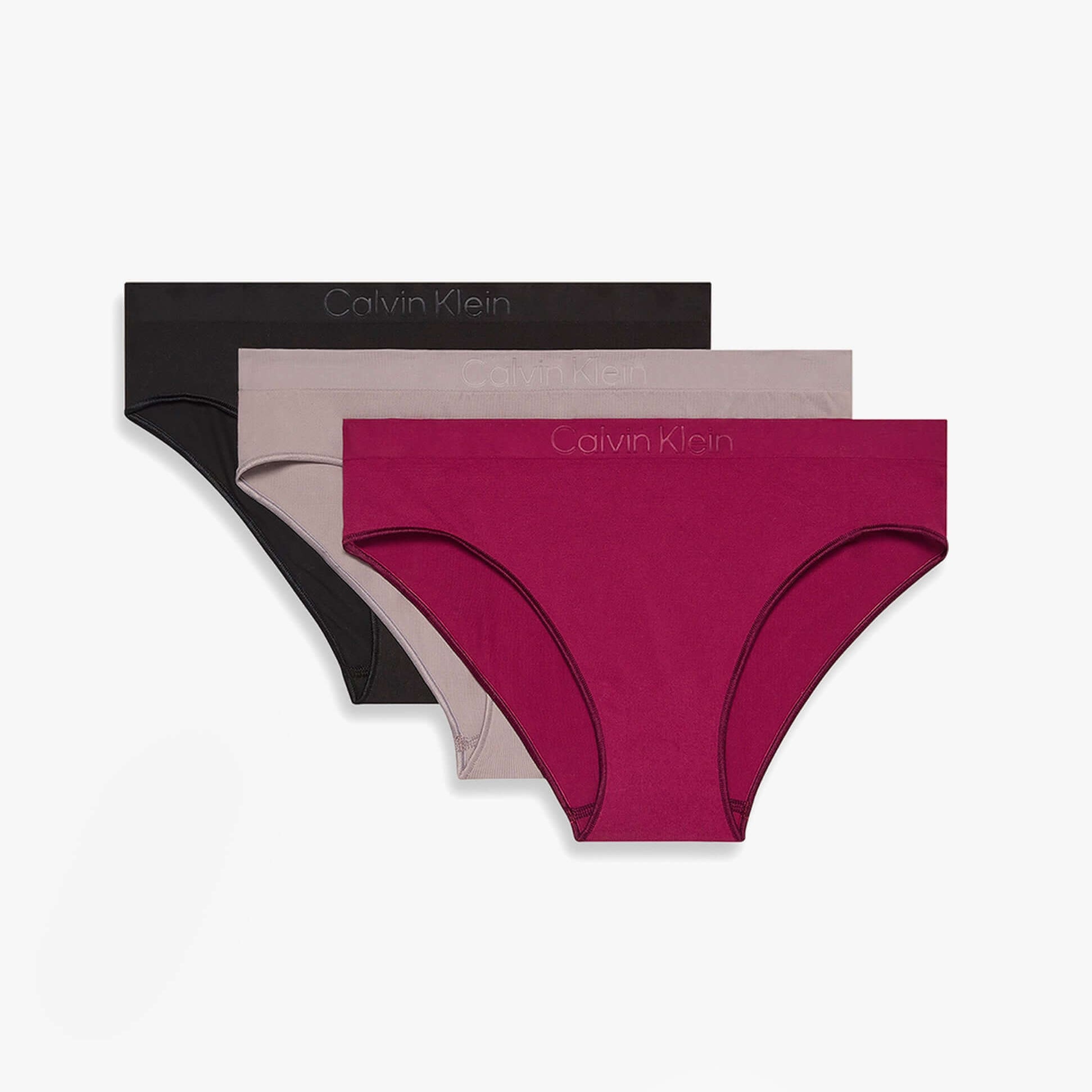 Calvin Klein BIKINI 3 PACK Womens Bikini Multicoloured front view showcasing black, beige, and burgundy bikinis.