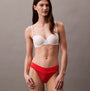 Calvin Klein THONG Womens Icon Logo Lace Molten Red front view on model, showcasing lace thong design with mixed colors.