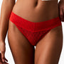 Calvin Klein ICON LOGO Low Rise Womens Bikini Briefs Molten front view displaying semi-sheer red fabric and logo pattern.