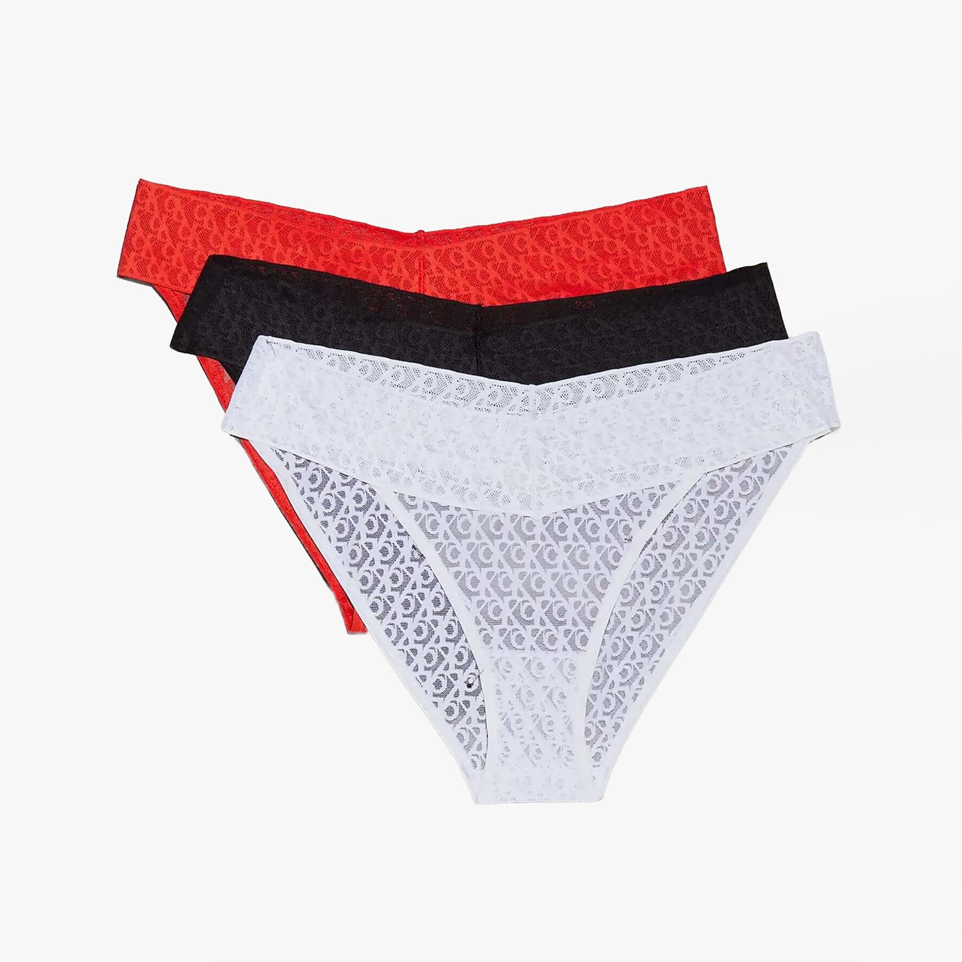 Calvin Klein ICON LOGO LACE 3 Pack Womens Bikini Briefs Black/White/Molten displayed in a front view showing three color variants.