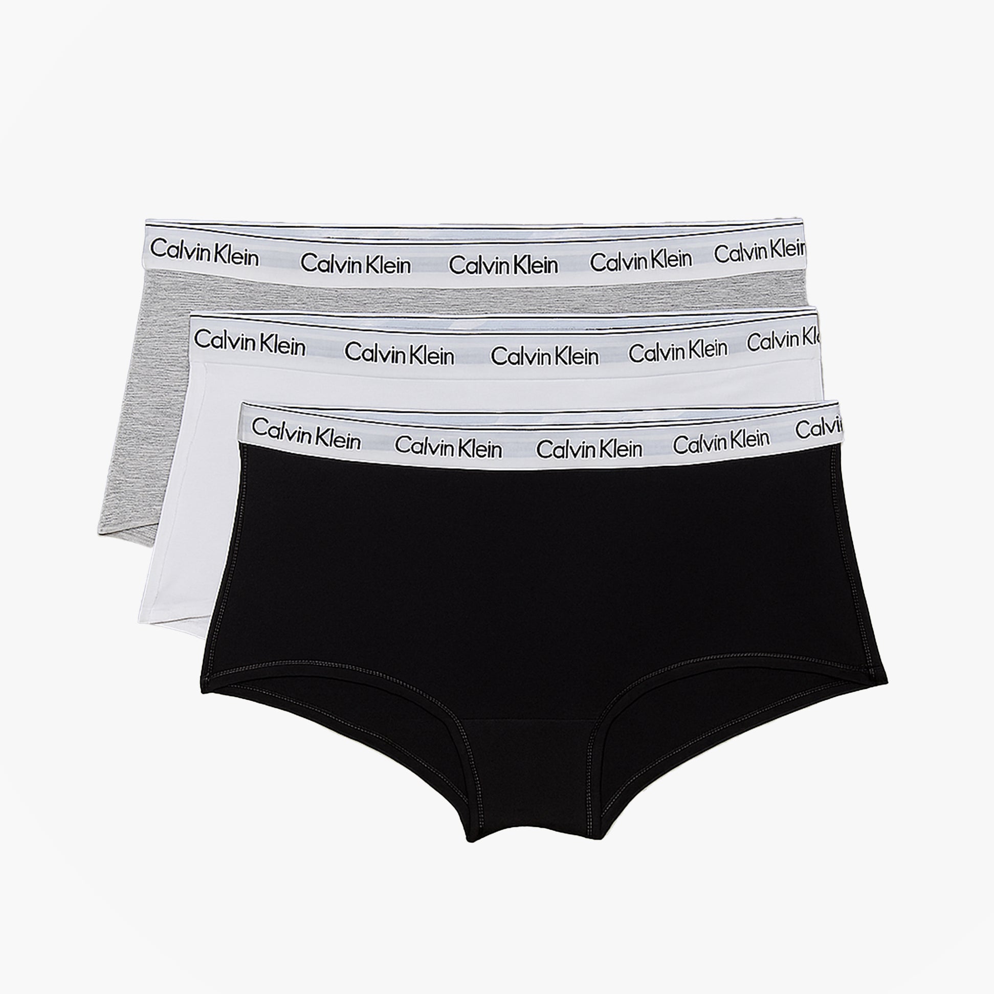 Calvin Klein ICON LOGO 3 Pack Womens Hipster Panties Black/White/Grey Heather, front view showcasing three styles.