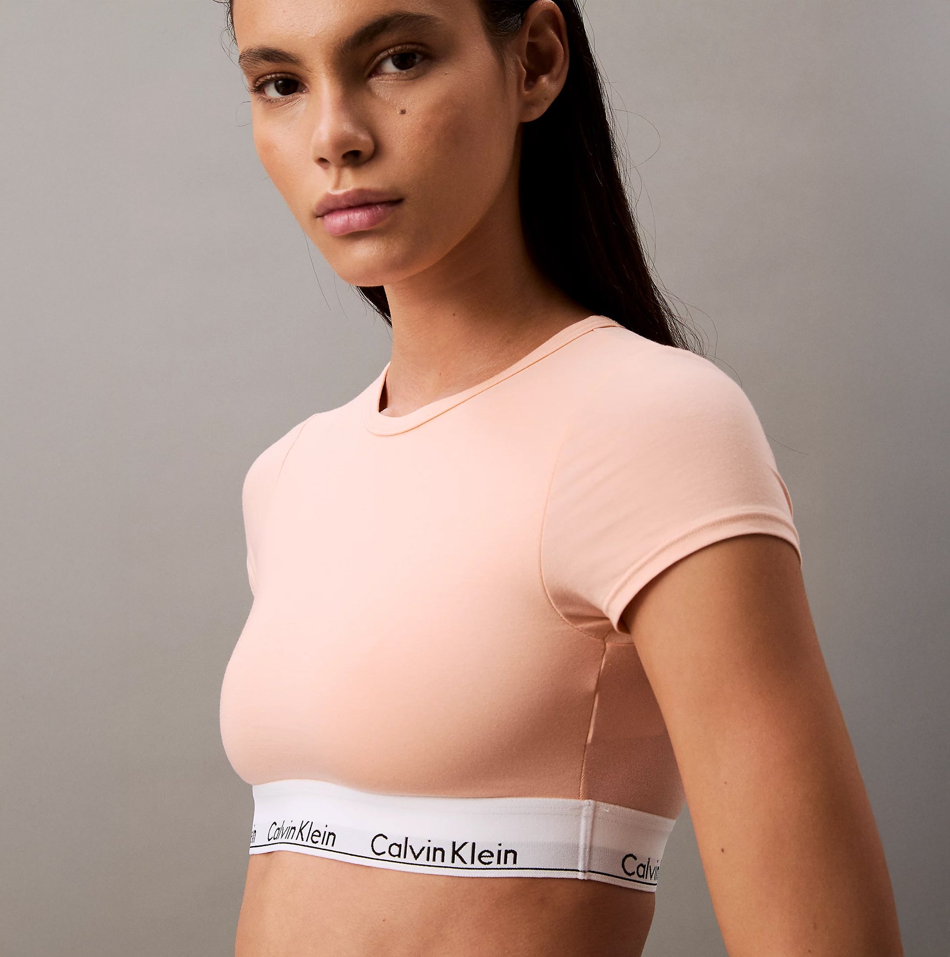 Calvin Klein ICON COTTON Womens T-Shirt Bralette Melon Frenzy front view featuring slim fit and crew neckline.