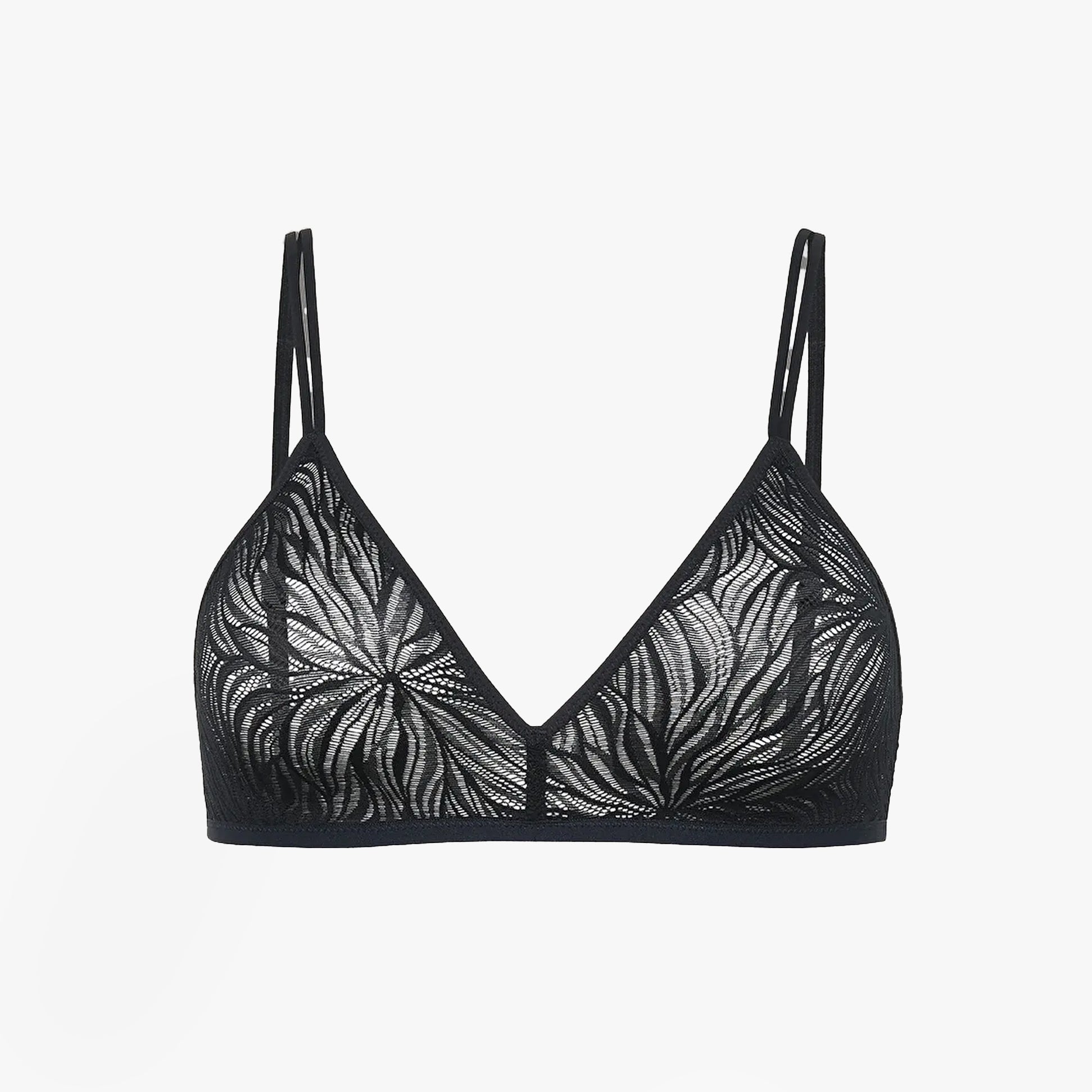 Calvin Klein UNLINED TRIANGLE Womens Lace Bra Black front view with delicate lace detailing and adjustable straps.