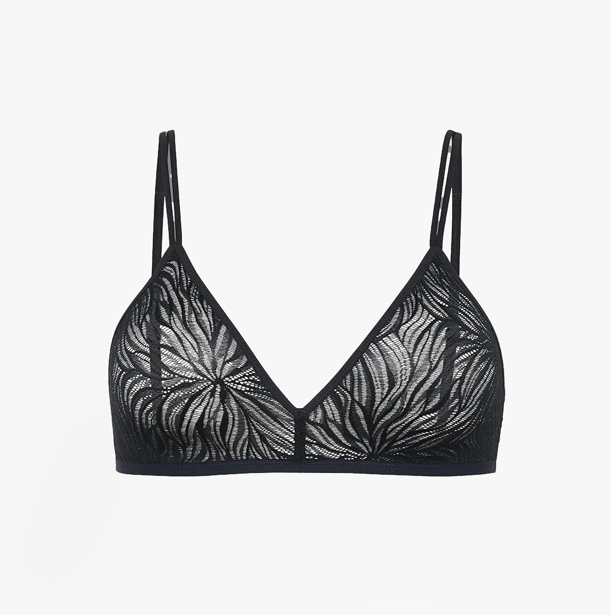 Calvin Klein UNLINED TRIANGLE Womens Lace Bra Black front view with delicate lace detailing and adjustable straps.
