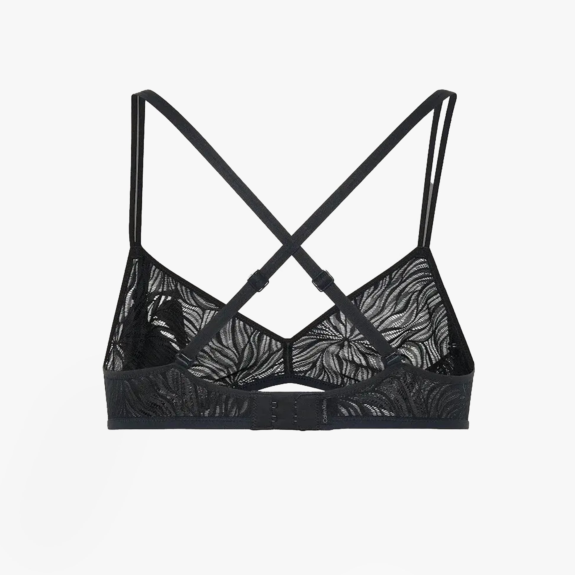 Calvin Klein UNLINED TRIANGLE Womens Lace Bra Black back view with floral lace design and crisscross straps
