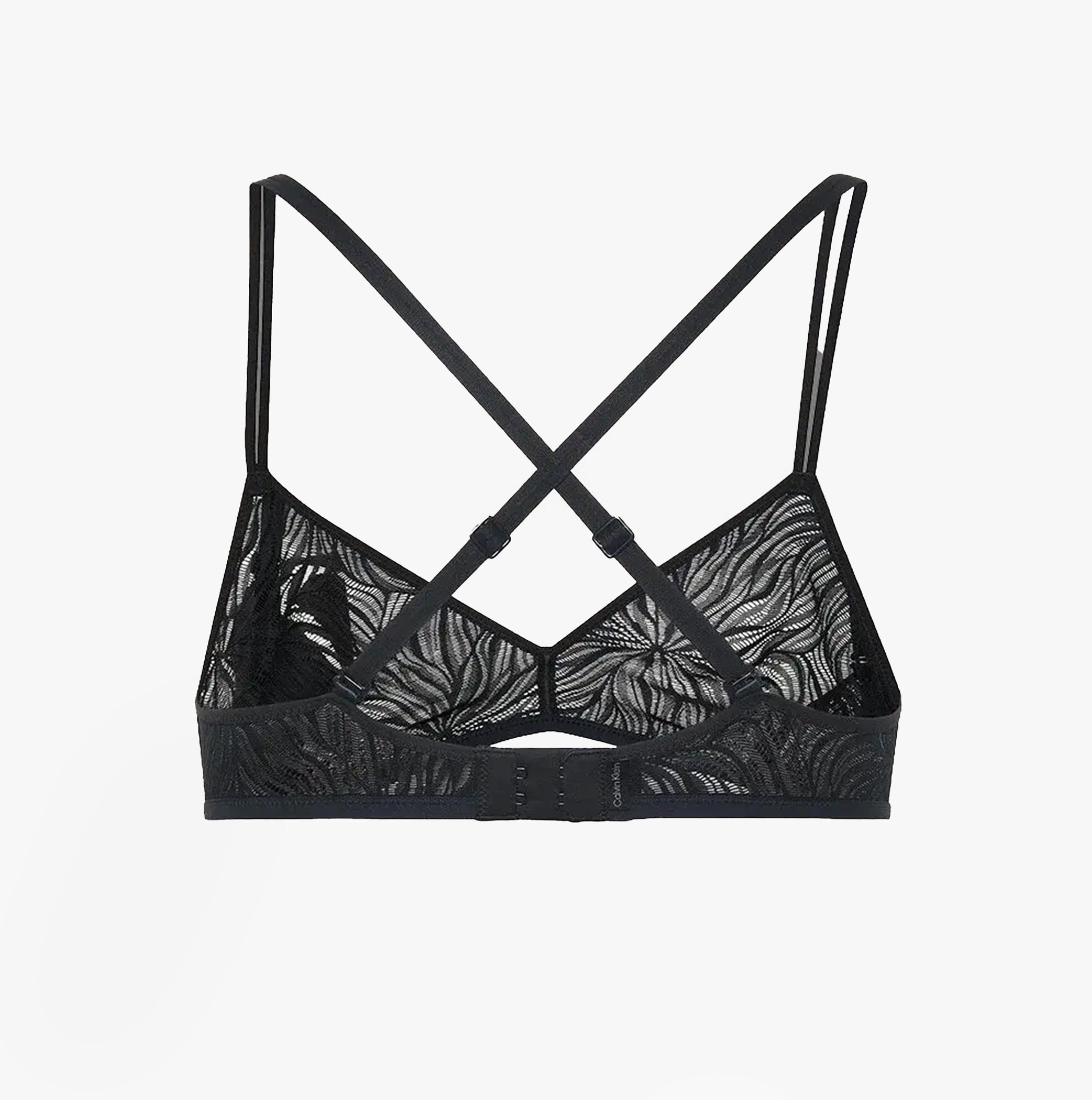 Calvin Klein UNLINED TRIANGLE Womens Lace Bra Black back view with floral lace design and crisscross straps