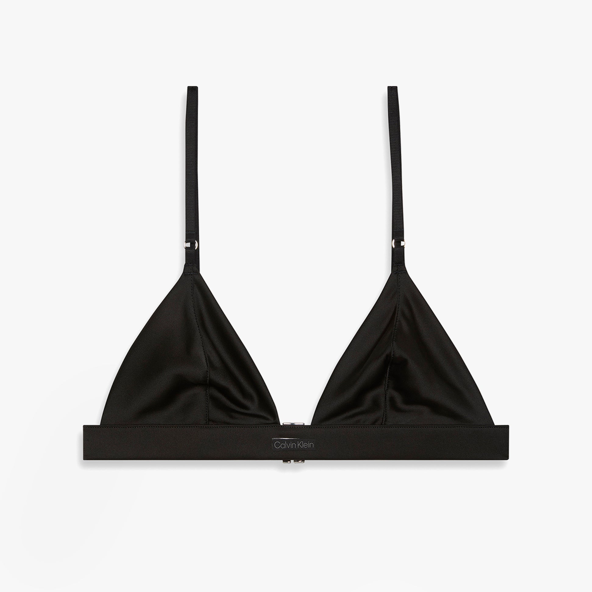 Calvin Klein UNLINED TRIANGLE Womens Black front view of triangle bra featuring adjustable straps and soft material.