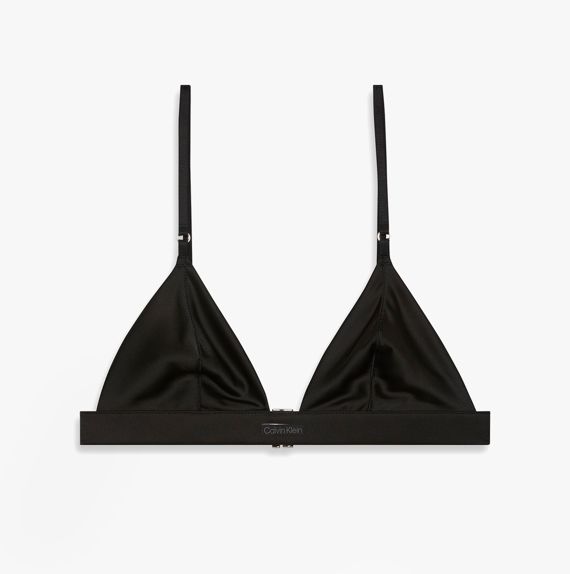 Calvin Klein UNLINED TRIANGLE Womens Black front view of triangle bra featuring adjustable straps and soft material.