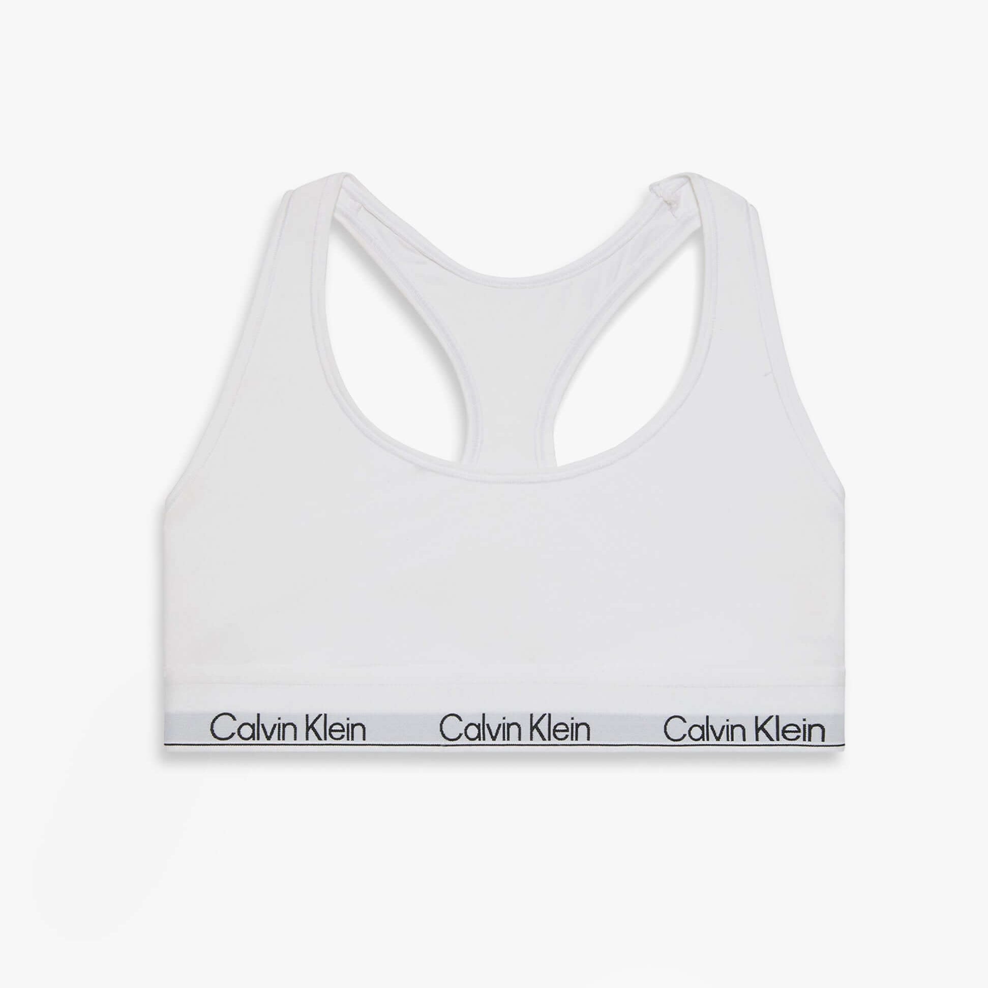 Calvin Klein Icon Cotton Modal Womens Unlined Bralette White front view showing adjustable straps and signature logo band.