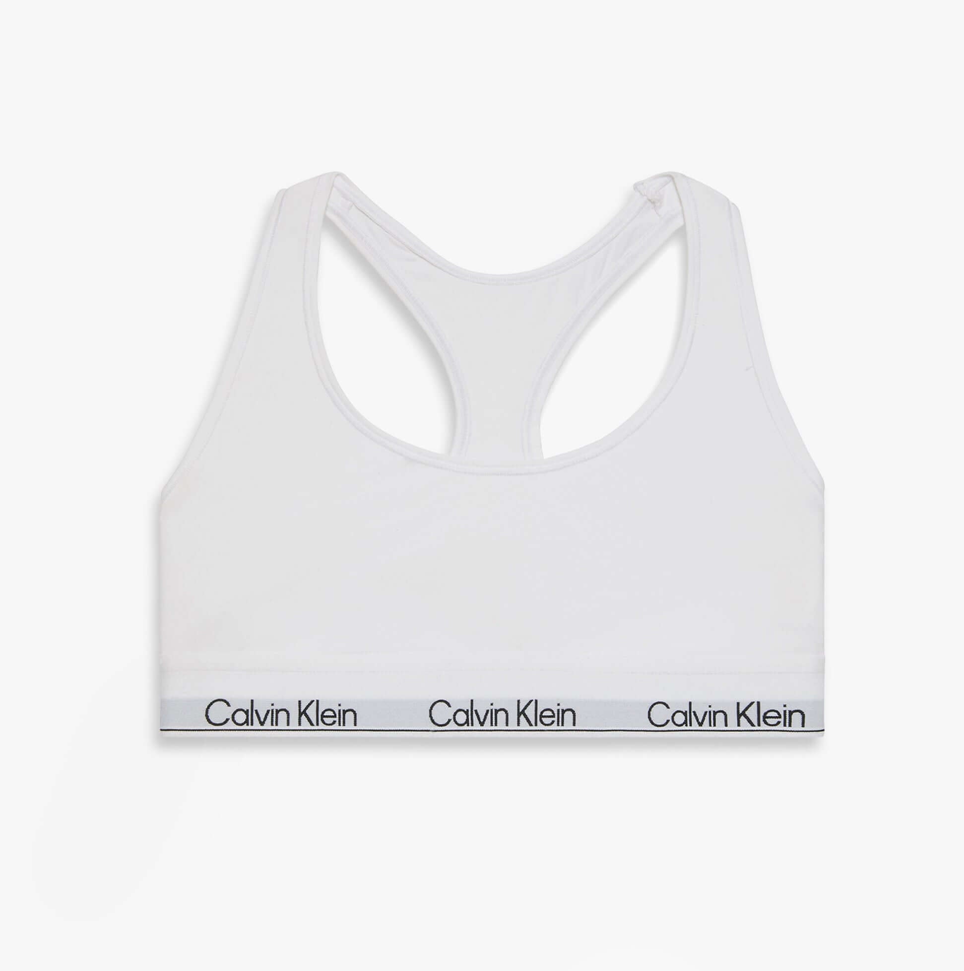 Calvin Klein Icon Cotton Modal Womens Unlined Bralette White front view showing adjustable straps and signature logo band.
