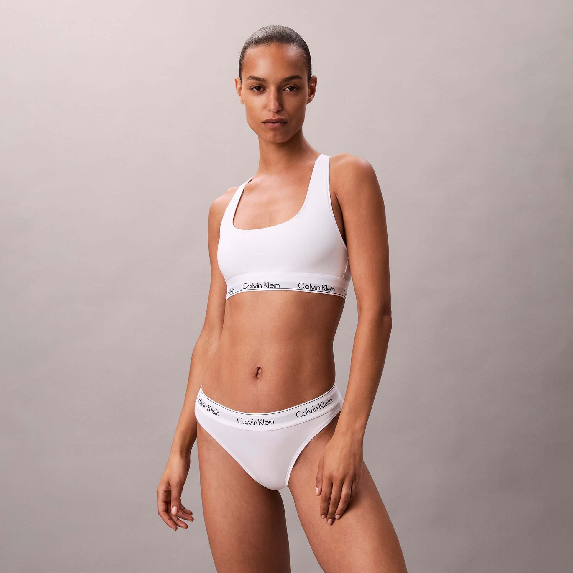 Calvin Klein Icon Cotton Modal Womens Unlined Bralette White front view model wearing bralette with matching underwear