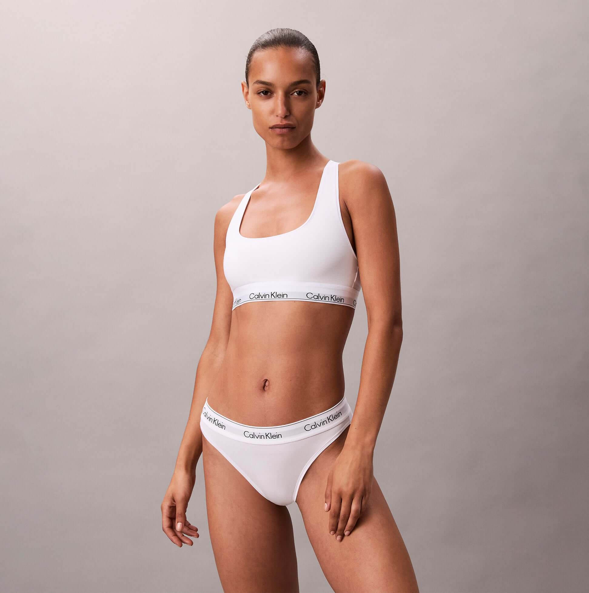 Calvin Klein Icon Cotton Modal Womens Unlined Bralette White front view model wearing bralette with matching underwear
