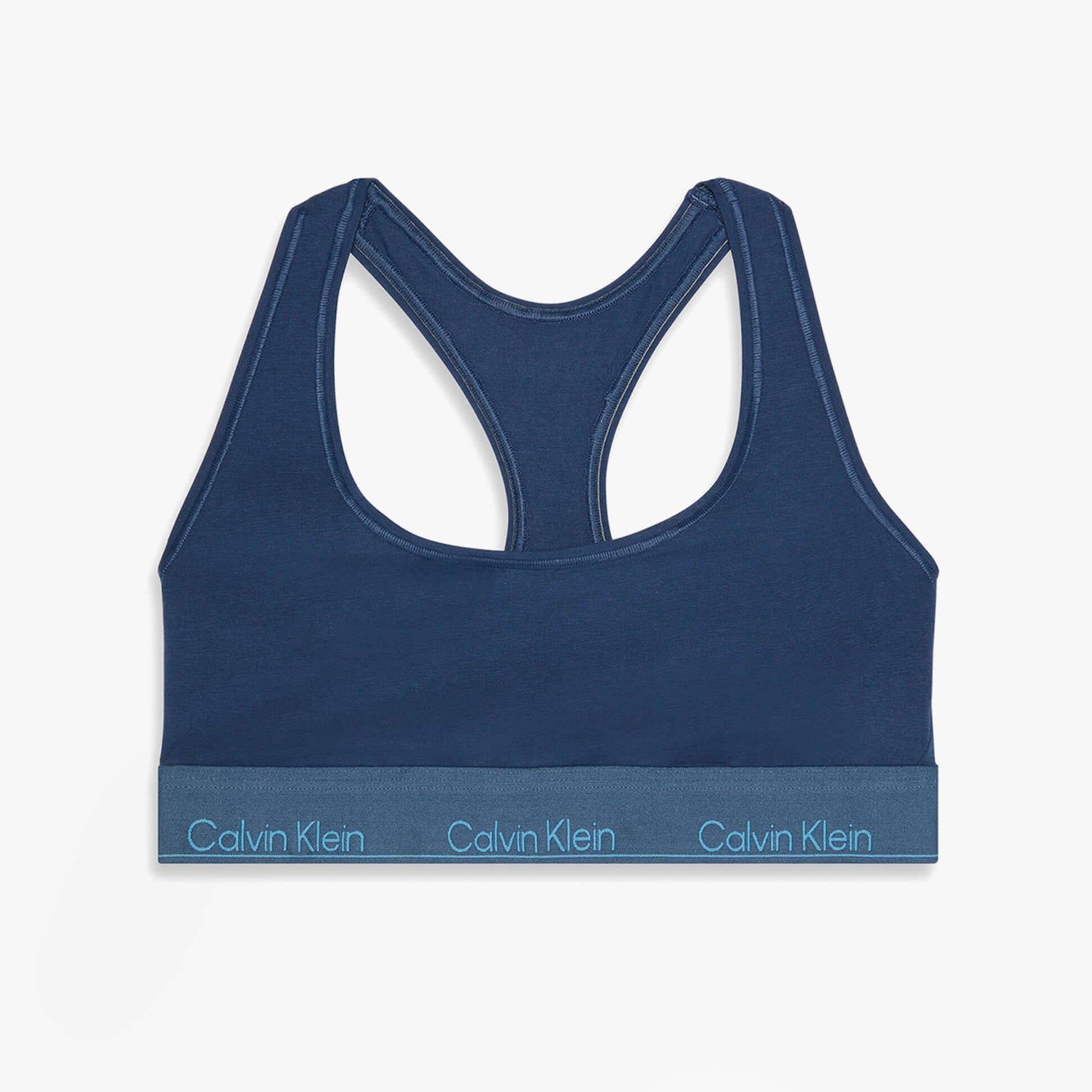 Calvin Klein Icon Cotton Modal Womens Unlined Bralette Denim back view showing blue color and logo band detail
