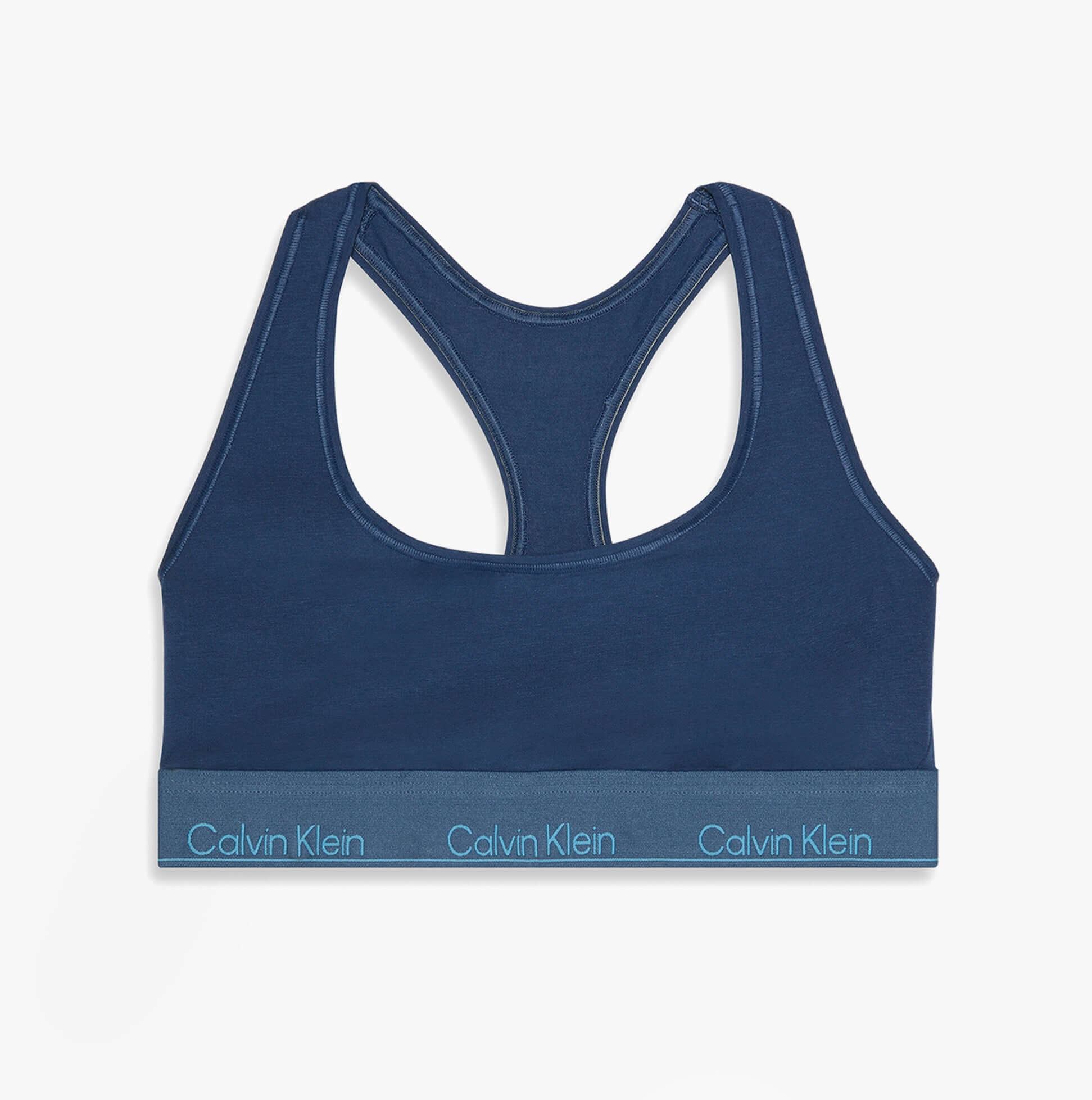Calvin Klein Icon Cotton Modal Womens Unlined Bralette Denim back view showing blue color and logo band detail