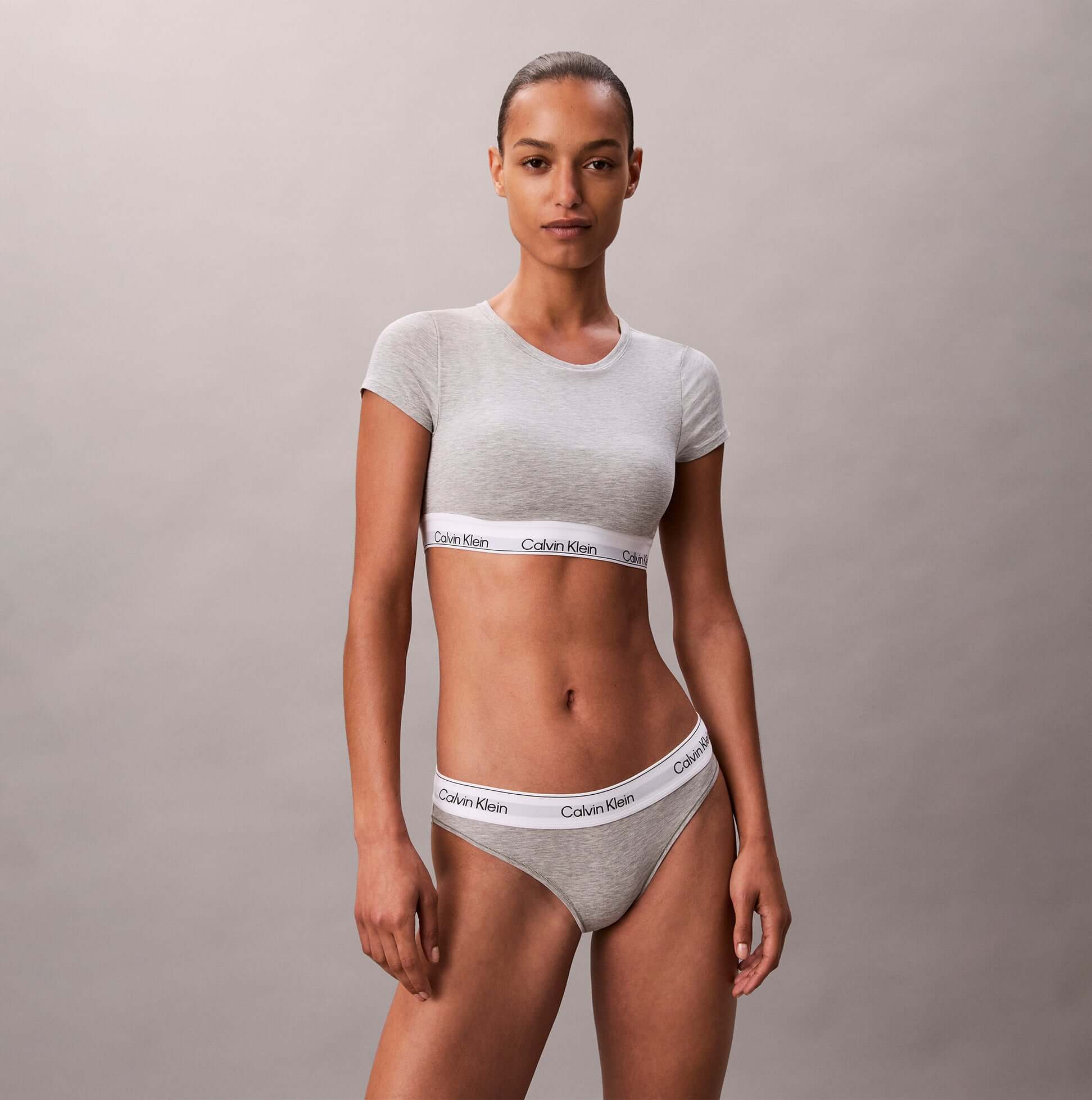 Calvin Klein Womens T-Shirt Bralette Icon Cotton Modal Grey, front view model wearing the bralette and matching underwear.