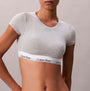 Calvin Klein Womens T-Shirt Bralette Icon Cotton Modal Grey front view highlighting the soft cotton modal blend and signature waistband.