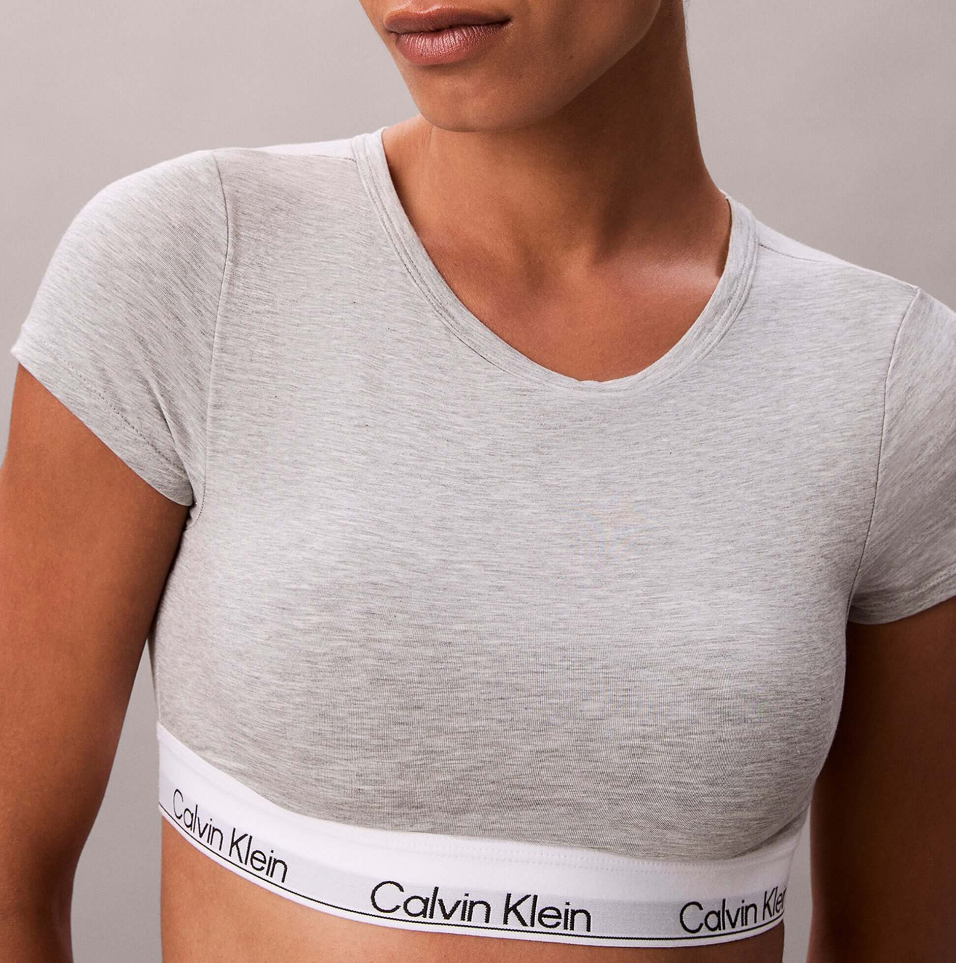 Calvin Klein Womens T-Shirt Bralette Icon Cotton Modal Grey close-up view showing the fabric texture and logo band.
