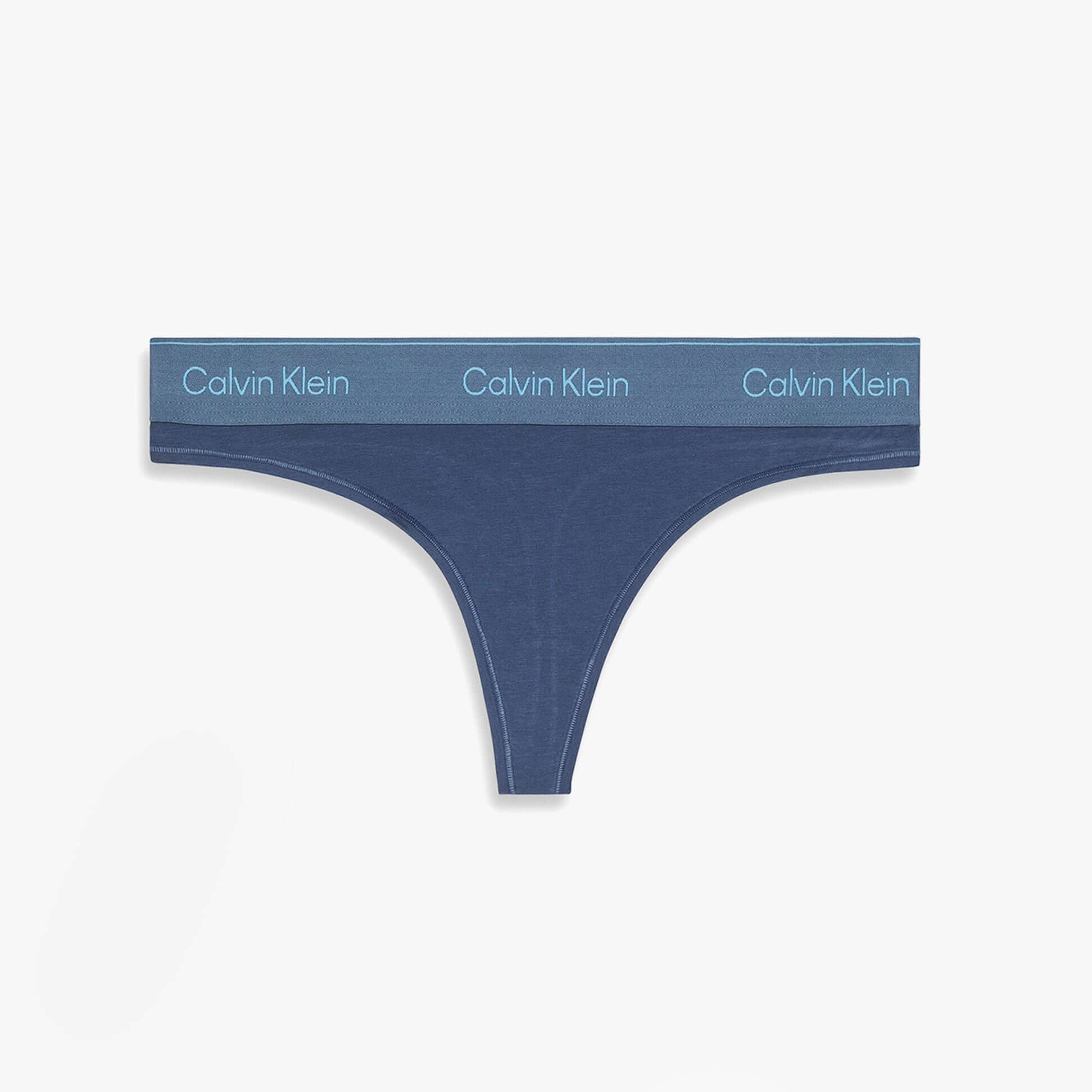 Calvin Klein Icon Cotton Modal Womens Thong Denim front view, navy blue with logo waistband.