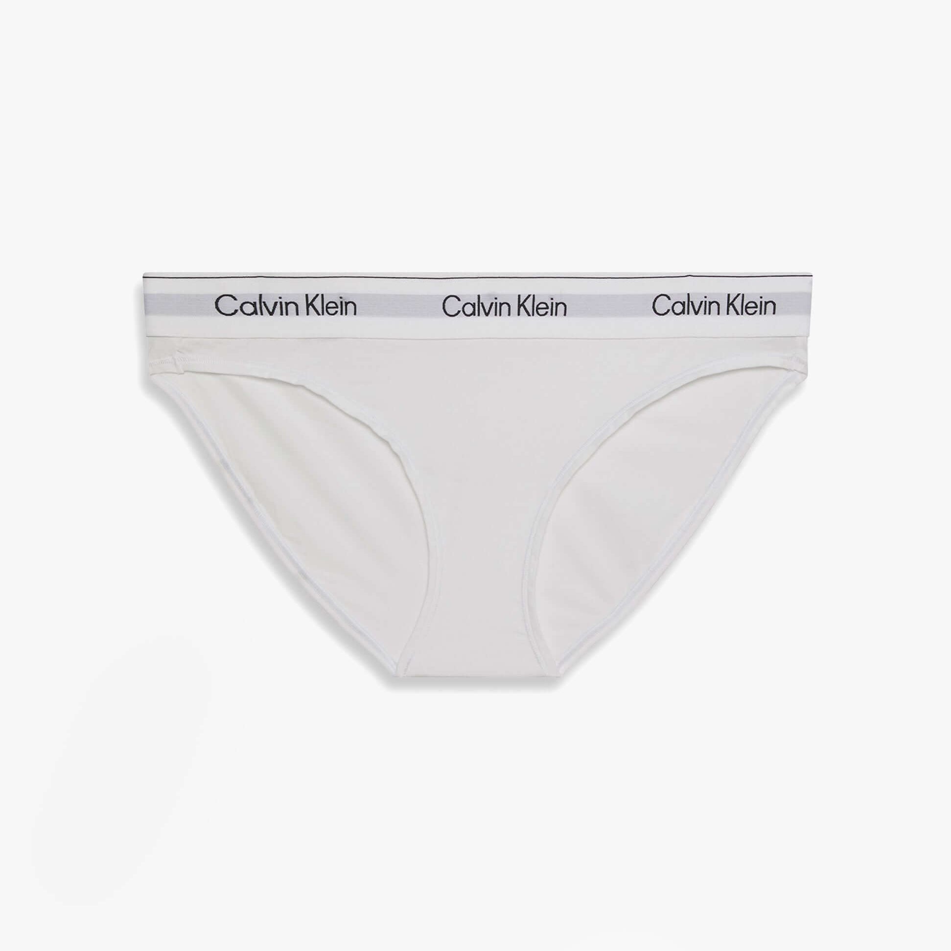 Calvin Klein Icon Cotton Modal Womens Bikini Brief White front view showing soft fabric and signature waistband.
