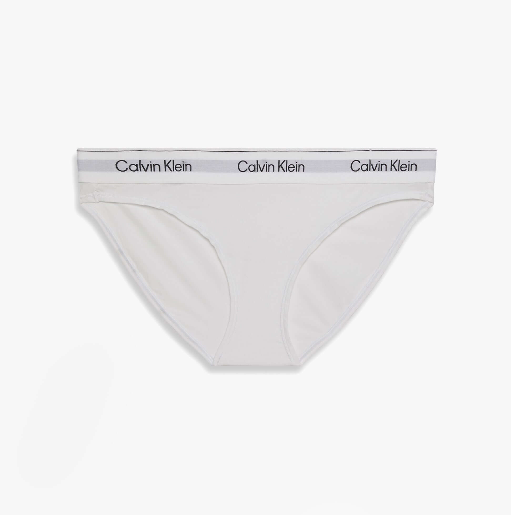 Calvin Klein Icon Cotton Modal Womens Bikini Brief White front view showing soft fabric and signature waistband.