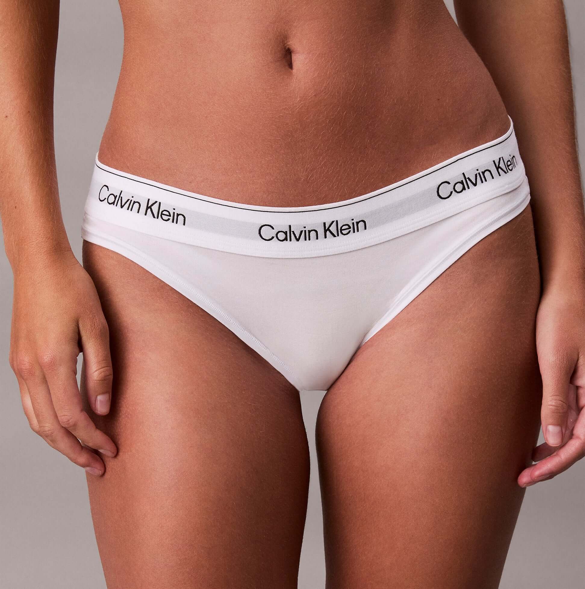 Calvin Klein Icon Cotton Modal Womens Bikini Brief White front view showcasing the cotton modal fabric and signature waistband.