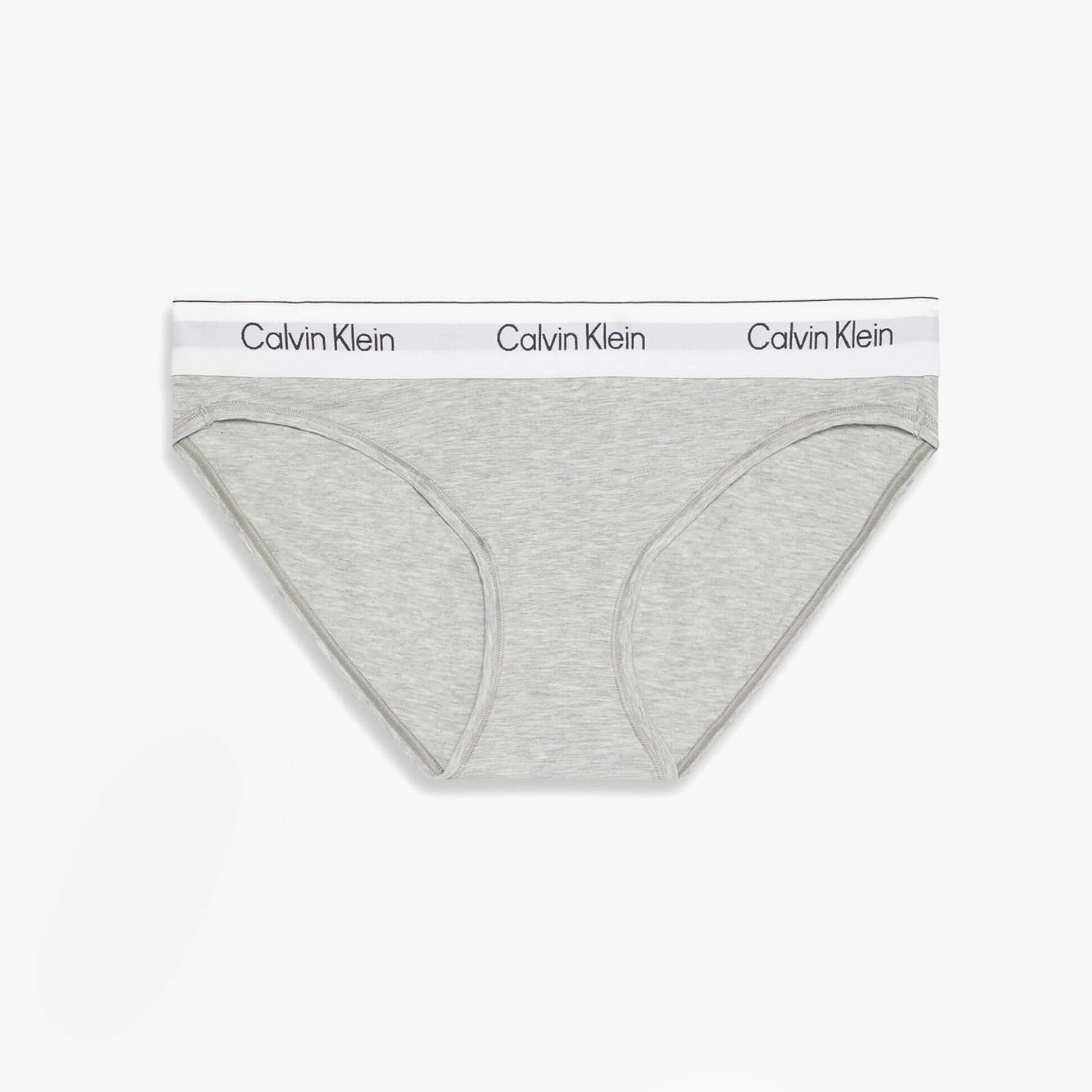 Calvin Klein Icon Cotton Modal Womens Bikini Brief Grey front view showcasing the soft cotton modal fabric and logo waistband.