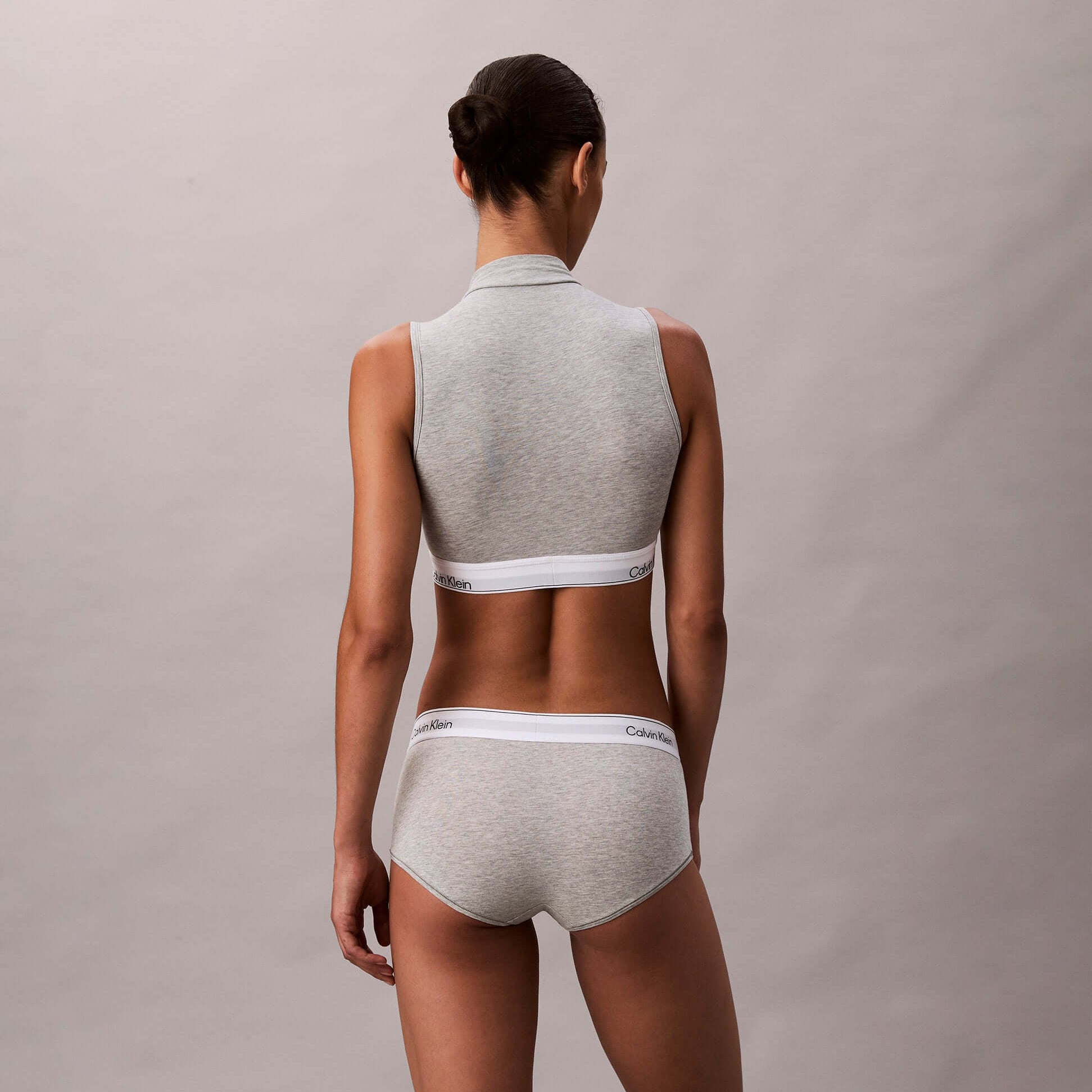 Back view of Calvin Klein Icon Cotton Modal Womens Boy Shorts Grey, highlighting soft fabric and stylish design.