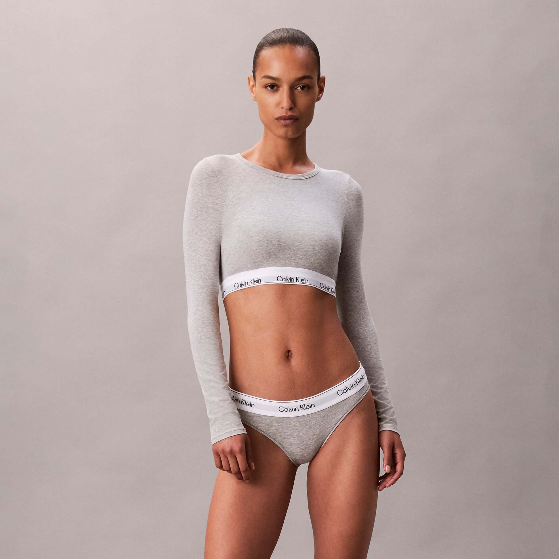 Calvin Klein Icon Cotton Modal Womens Long Sleeve T-shirt Bralette Grey front view model wearing bralette and underwear.