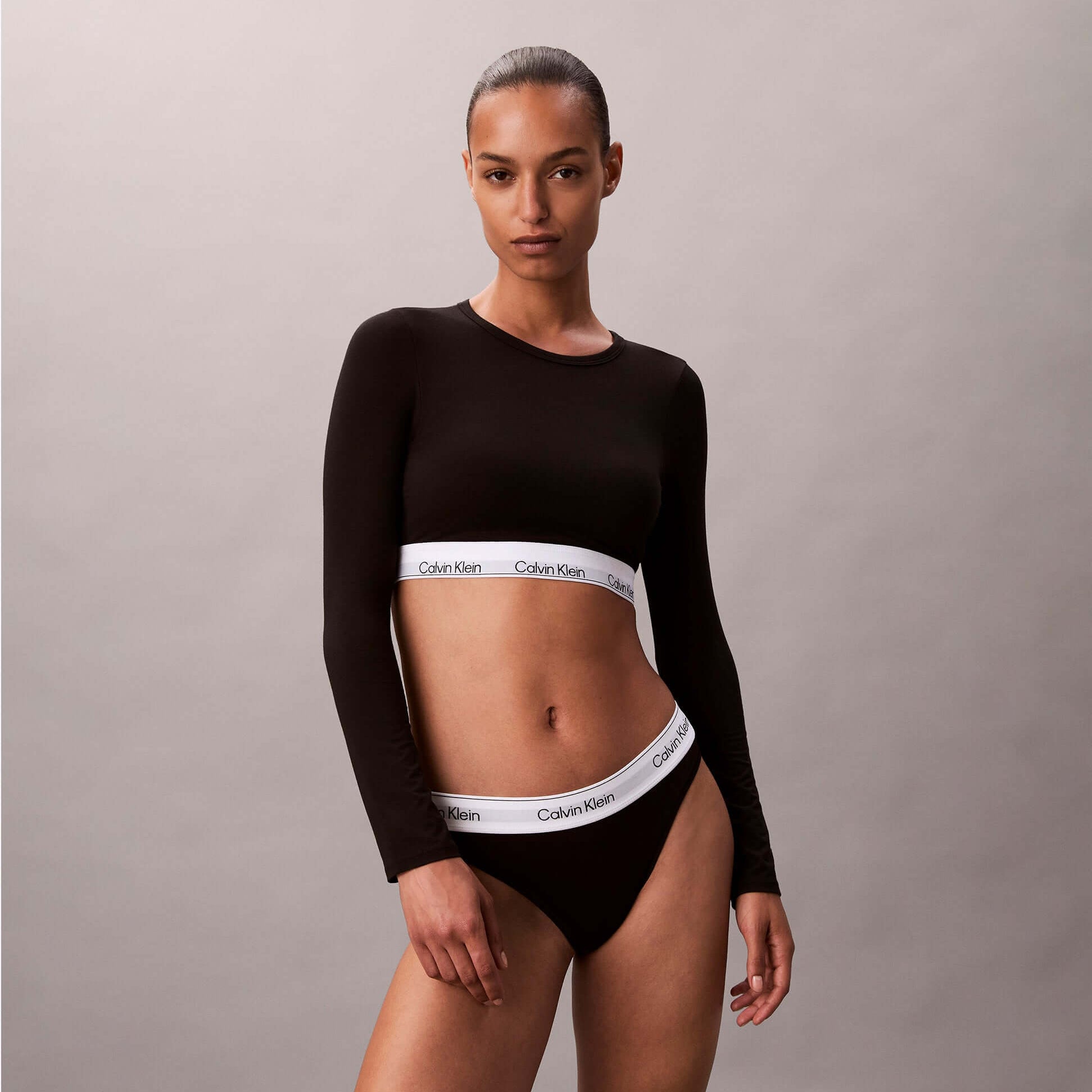 Calvin Klein Icon Cotton Modal Womens Long Sleeve T-shirt Bralette Black front view on model showcasing style and fit.