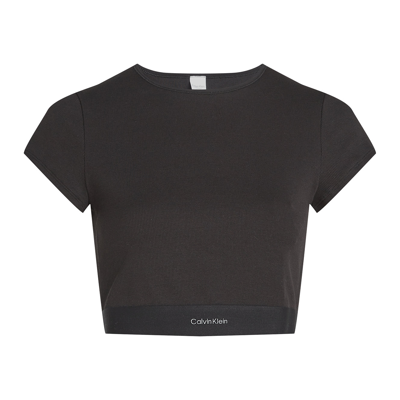 Calvin Klein COTTON STRETCH RIB Womens Crop Top Black front view showing short sleeves and ribbed texture.