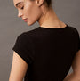 Calvin Klein COTTON STRETCH RIB Womens Crop Top Black back view showing fine ribbed texture and short sleeves.