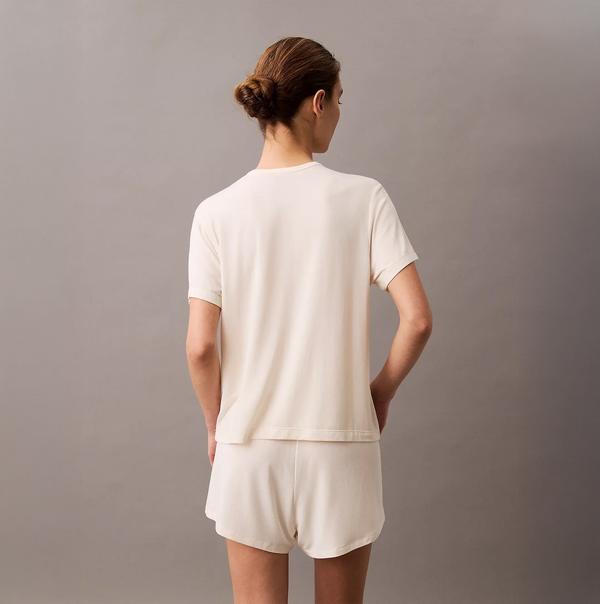 Calvin Klein ULTRA SOFT MODAL Womens Lounge Shorts Ivory back view showcasing soft modal fabric and relaxed fit.