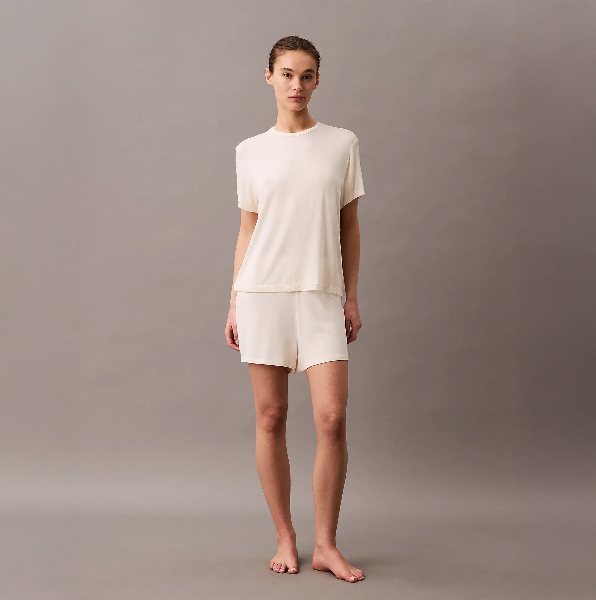 Calvin Klein ULTRA SOFT MODAL Womens Lounge T-Shirt Ivory front view, showcasing relaxed fit and short sleeves.