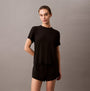 Calvin Klein ULTRA SOFT MODAL Womens Lounge T-Shirt Black, front view, model wearing relaxed fit black t-shirt.