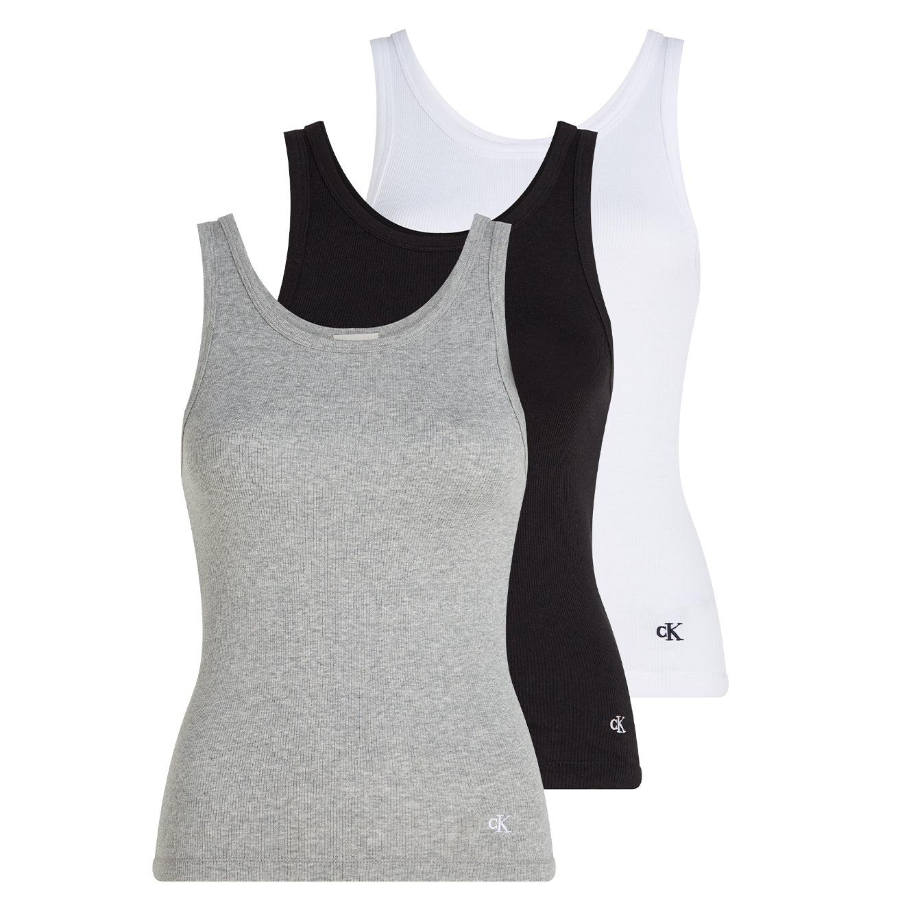 Calvin Klein CK 100% COTTON Womens 3 Pack Vests Black/White/Grey Heather front view displaying three vests.