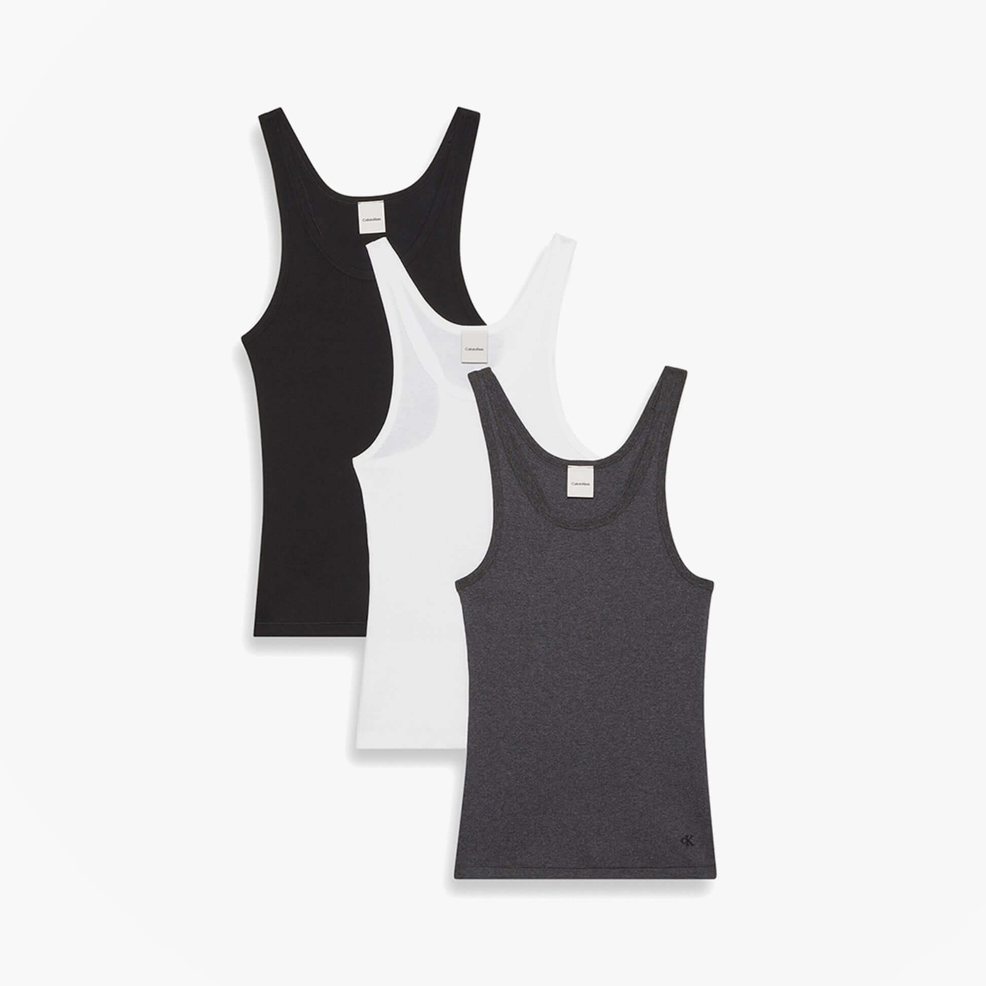 Calvin Klein SCOOP NECK COTTON TA Womens T-Shirts & Tank Tops Multicoloured, front view of black, white, and grey tank tops.