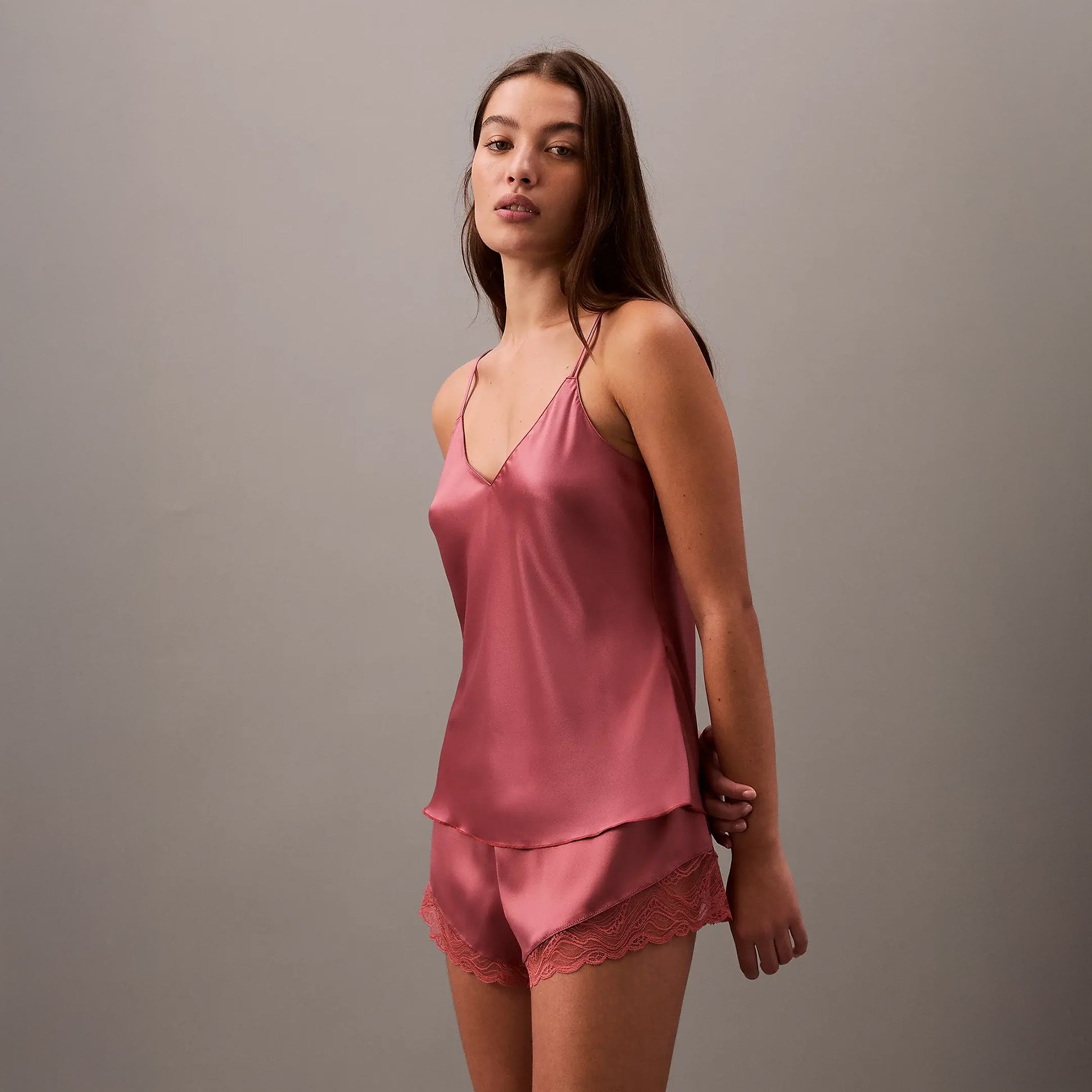 Calvin Klein SATIN CAMI Womens Pyjama Top Terrazzo front view on model, showcasing spaghetti straps and satin texture.
