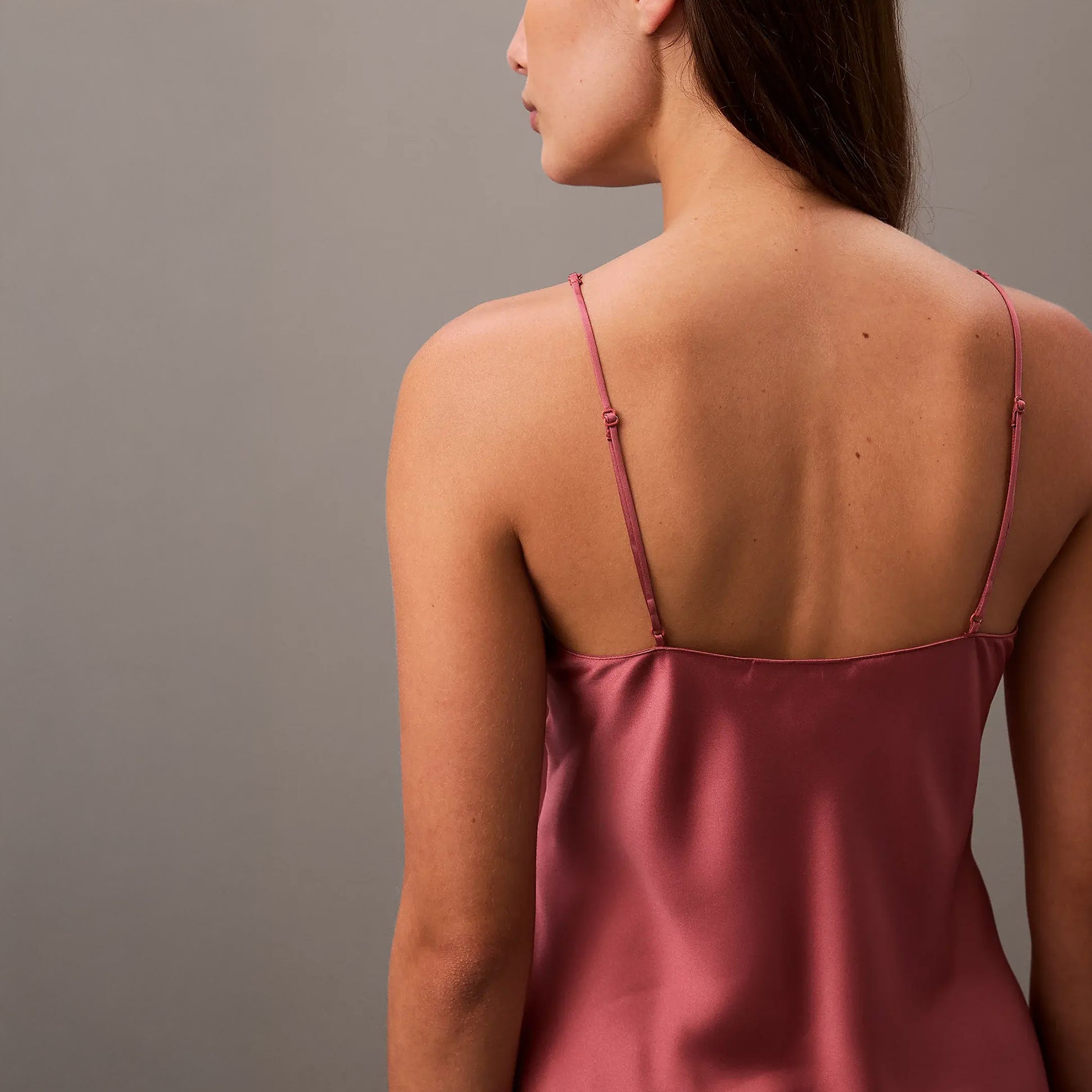 Calvin Klein SATIN CAMI Womens Pyjama Top Terrazzo back view featuring spaghetti straps and smooth satin texture.