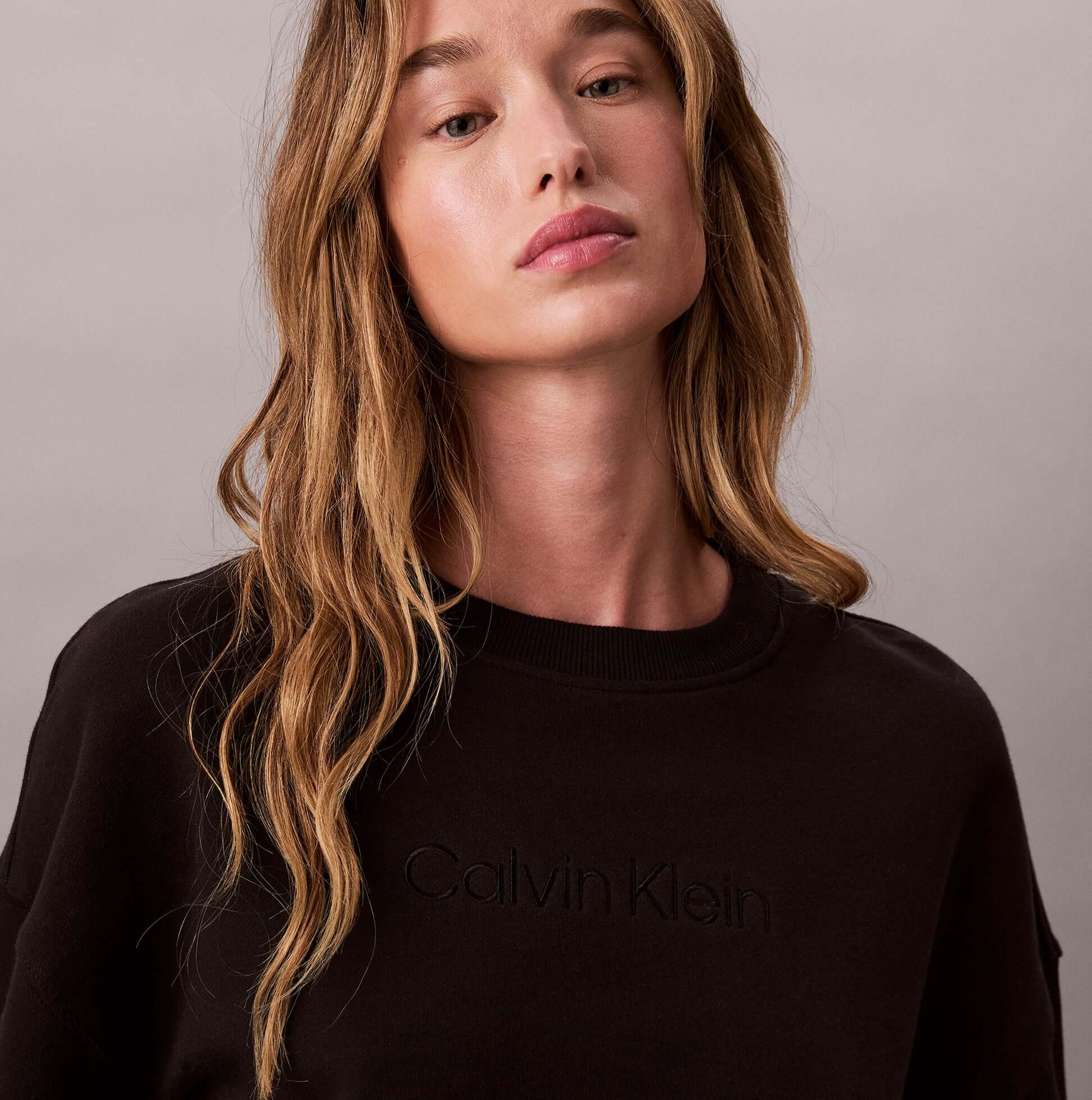 Calvin Klein Womens Long Sleeve Pyjama Top Black front view featuring relaxed fit and embroidered logo.