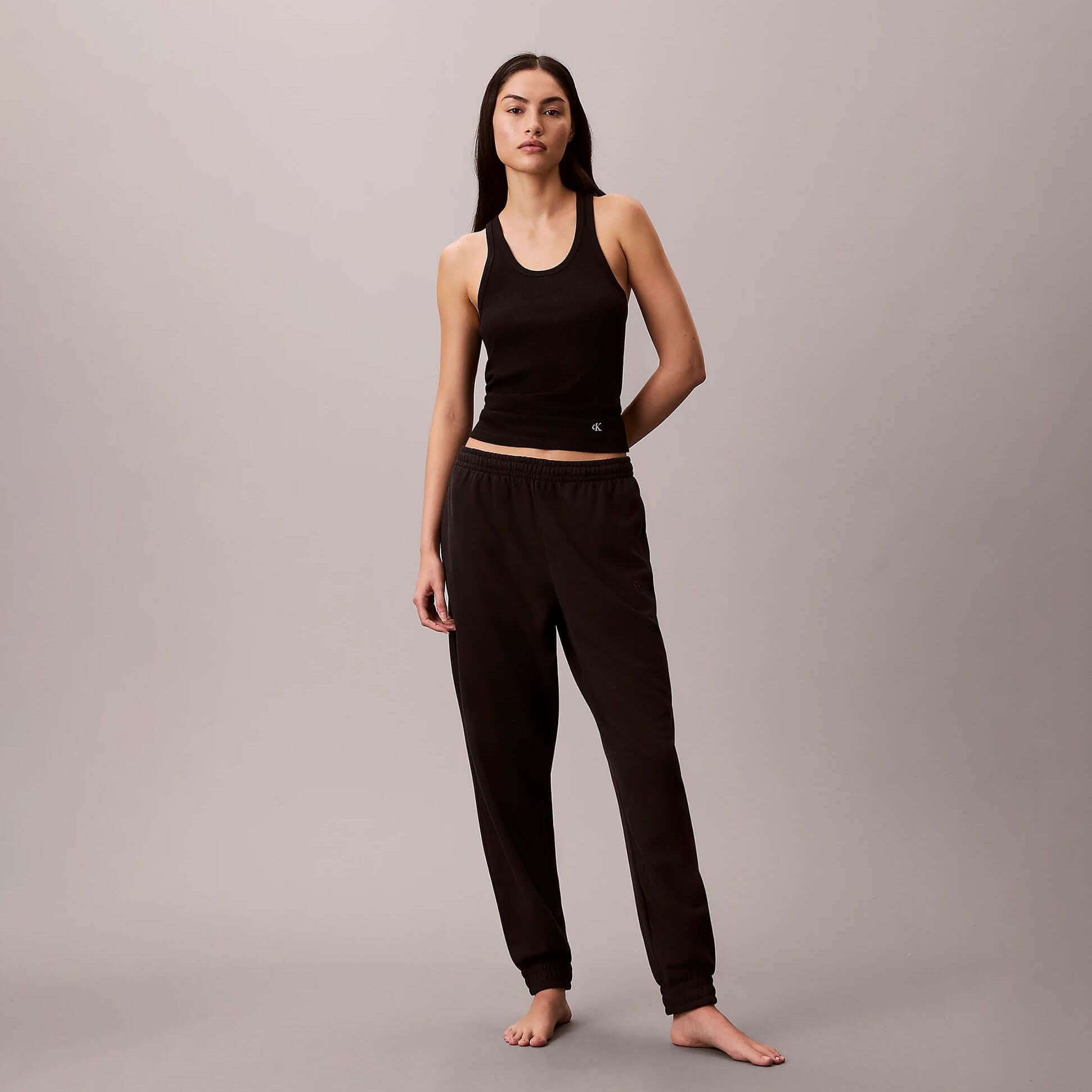 Calvin Klein JOGGER Womens Black front view featuring black joggers and a matching tank top.