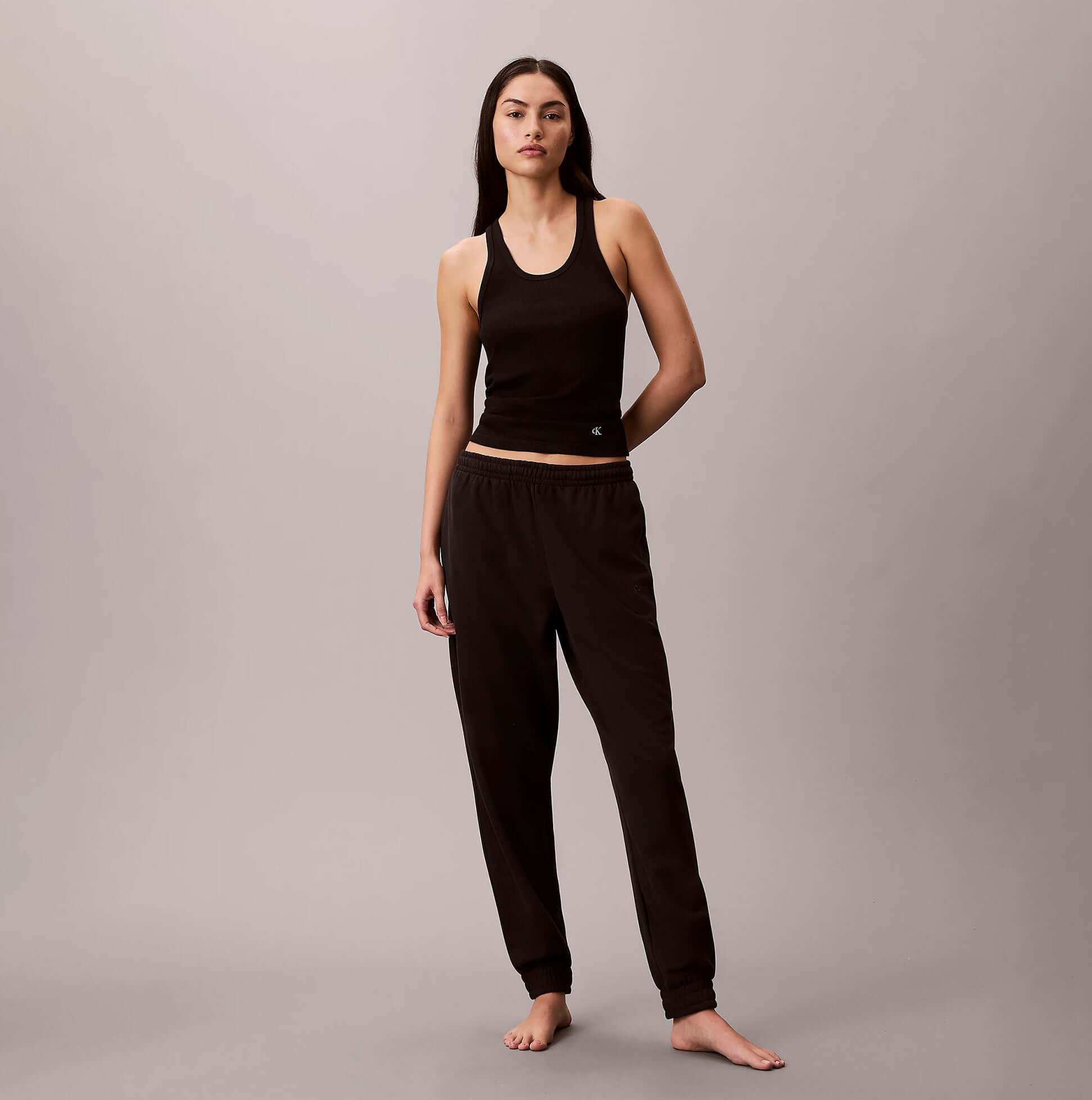 Calvin Klein JOGGER Womens Black front view featuring black joggers and a matching tank top.