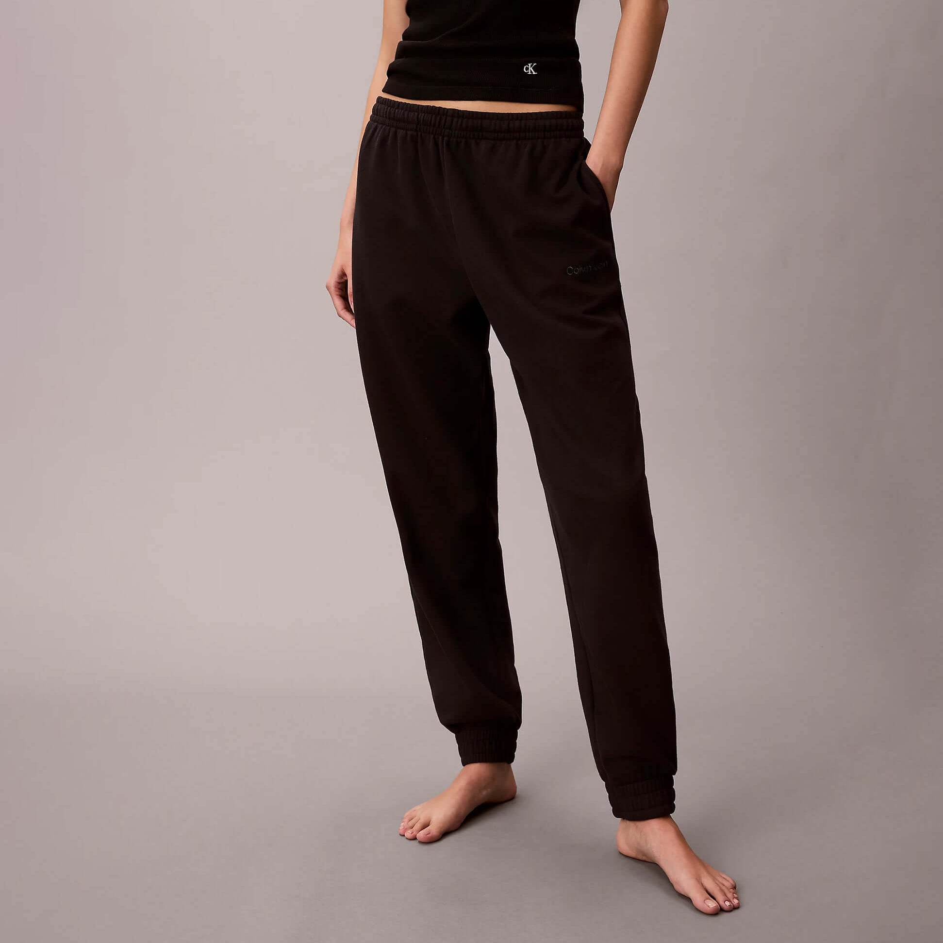 Calvin Klein JOGGER Womens Black front view, showcasing regular fit jogger pants in cotton blend, ideal for casual wear.