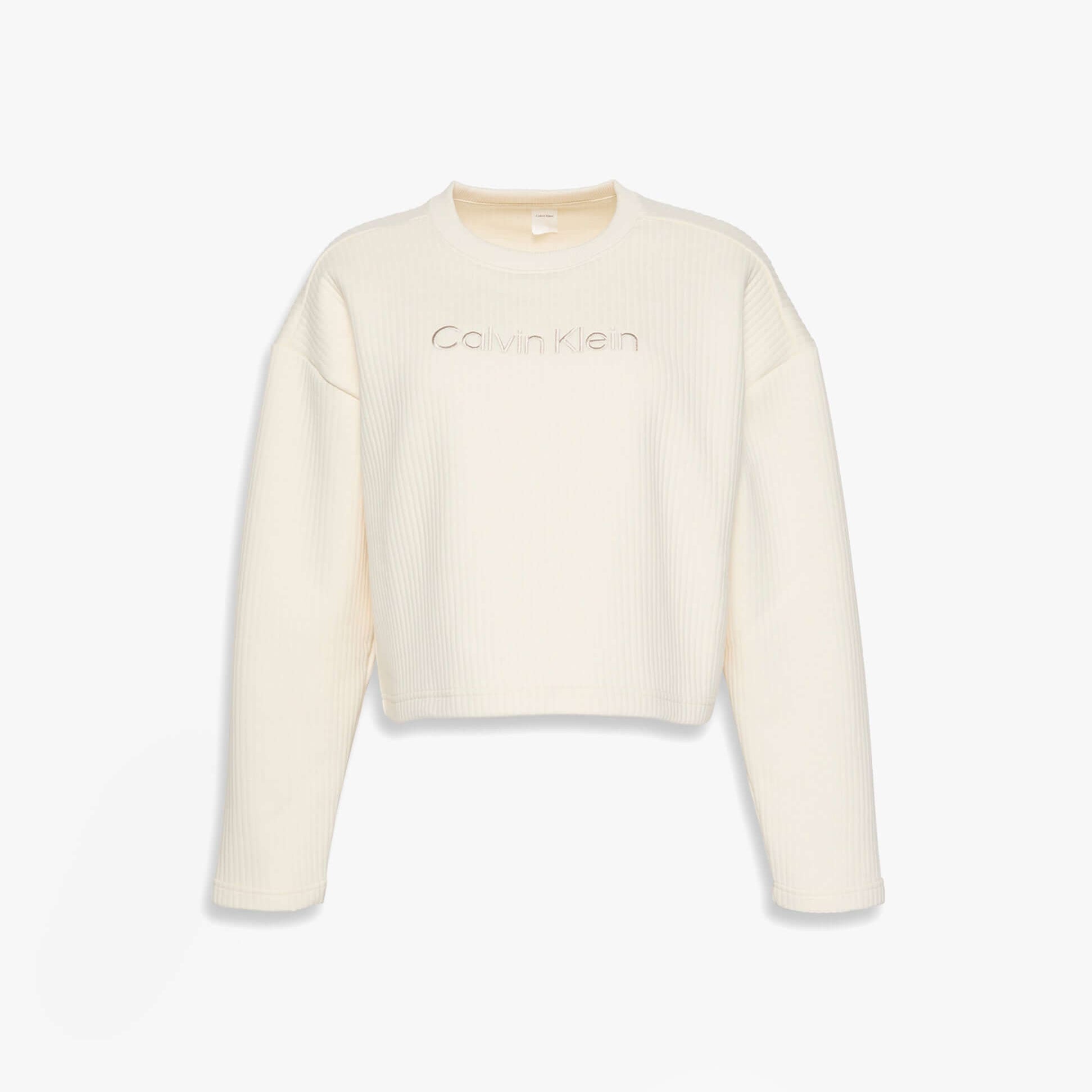 Calvin Klein LS QUILTED SWTSHIRT Womens Sweatshirts Ivory front view showcasing soft ribbed texture and stylish logo.