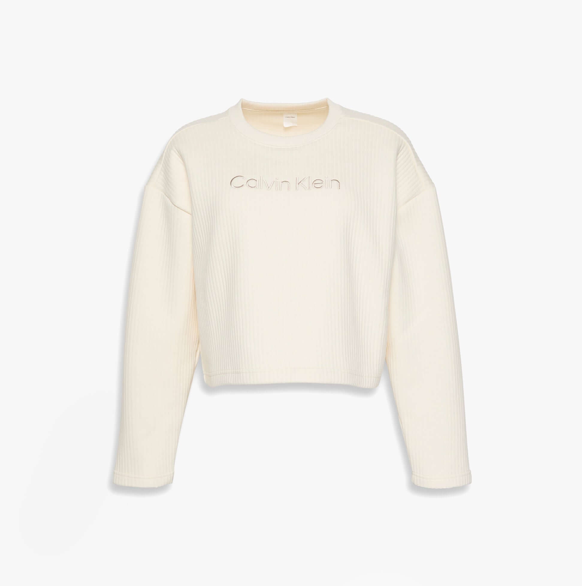 Calvin Klein LS QUILTED SWTSHIRT Womens Sweatshirts Ivory front view showcasing soft ribbed texture and stylish logo.