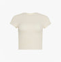 Calvin Klein SEAMLESS TEE Womens Printed CK Knit T-Shirt Ivory front view, short sleeves, textured pattern, stylish design.