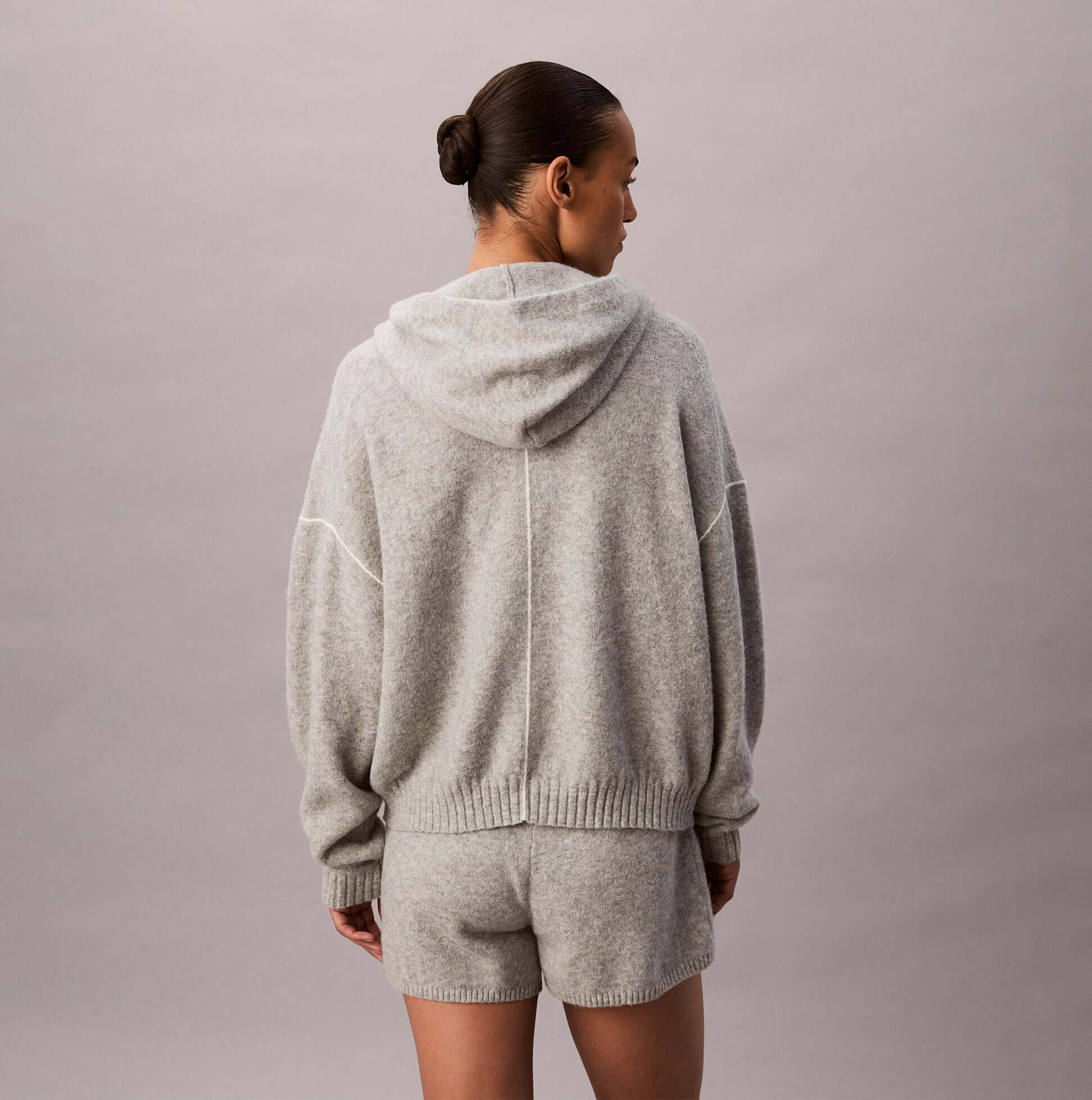 Calvin Klein PLUSH HOODIE Womens Hoodies Grey Heather back view showcasing cozy design and relaxed fit.