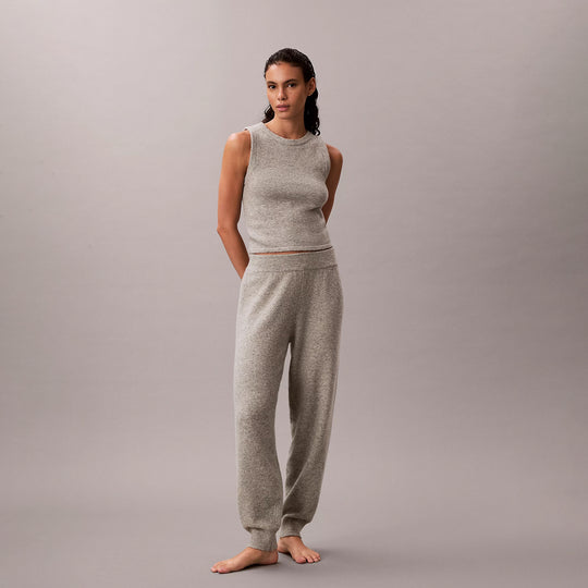 Calvin Klein PLUSH JOGGER. Womens Grey Heather, front view showcasing the soft, stylish joggers and matching top.